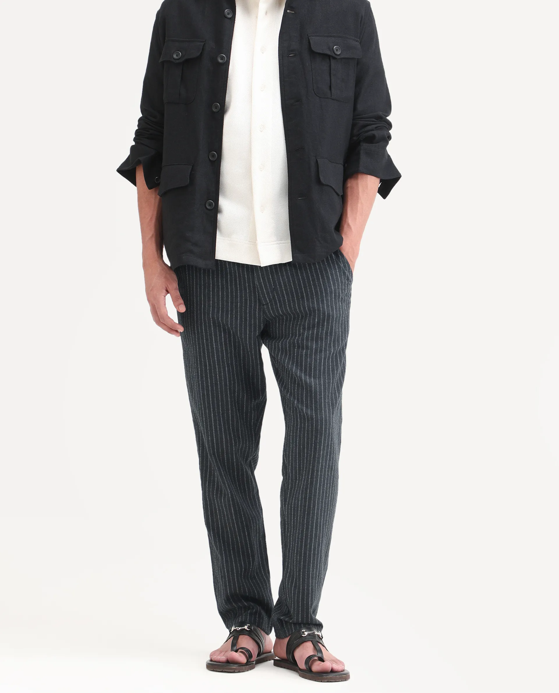 Rare Rabbit Men's Elkie-B Dark Grey Cotton Blend Fabric Straight Fit Striped Trouser - Image 2