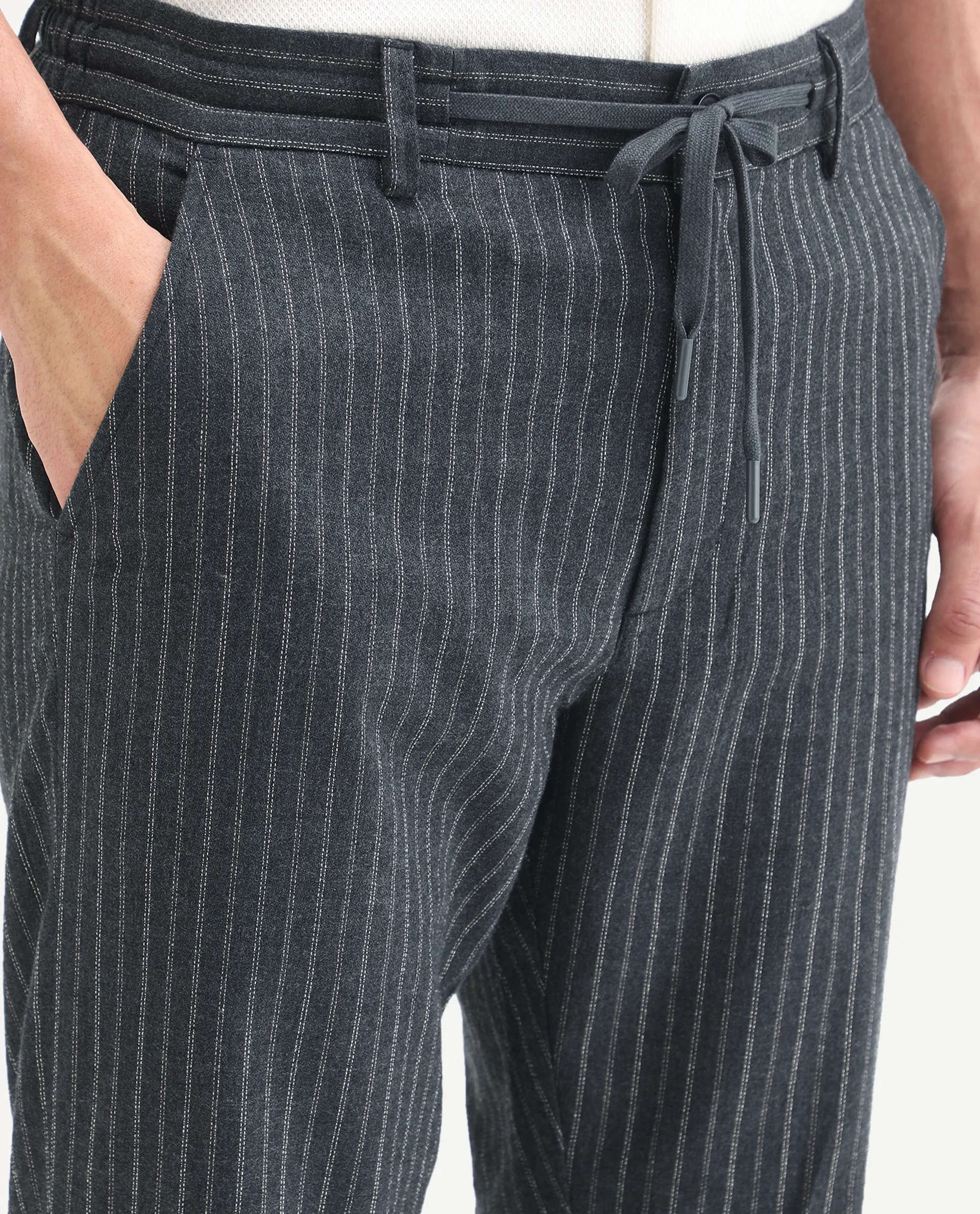 Rare Rabbit Men's Elkie-B Dark Grey Cotton Blend Fabric Straight Fit Striped Trouser - Image 3