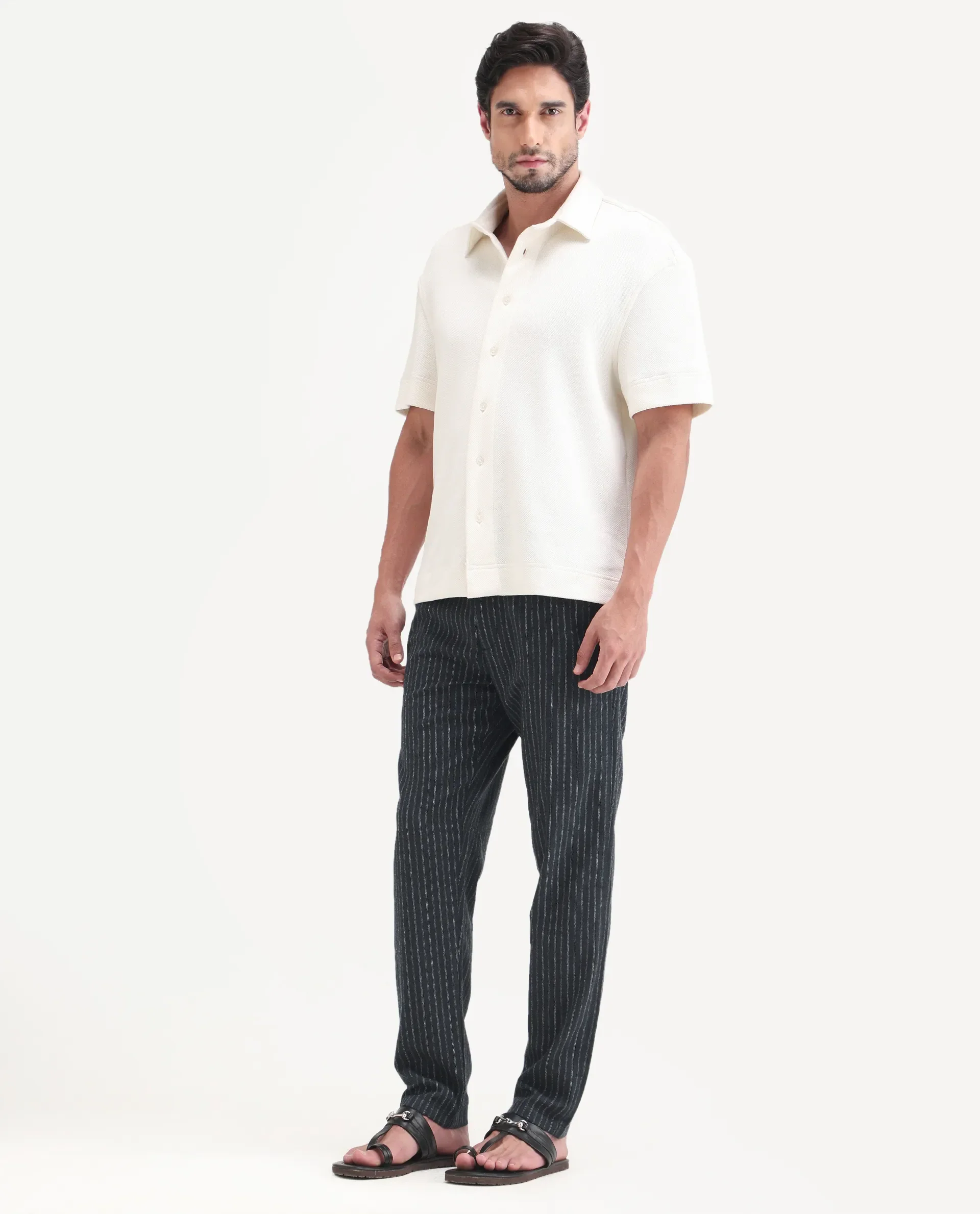 Rare Rabbit Men's Elkie-B Dark Grey Cotton Blend Fabric Straight Fit Striped Trouser - Image 7