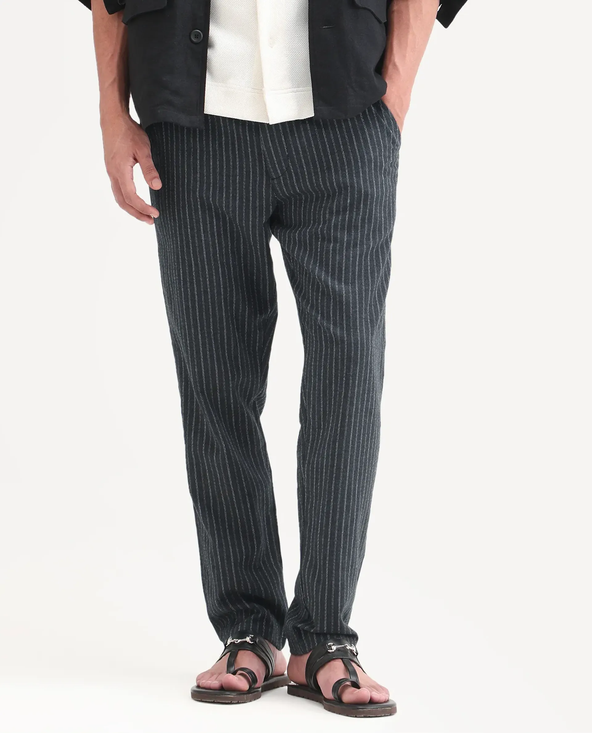 Rare Rabbit Men's Elkie-B Dark Grey Cotton Blend Fabric Straight Fit Striped Trouser - Image 9