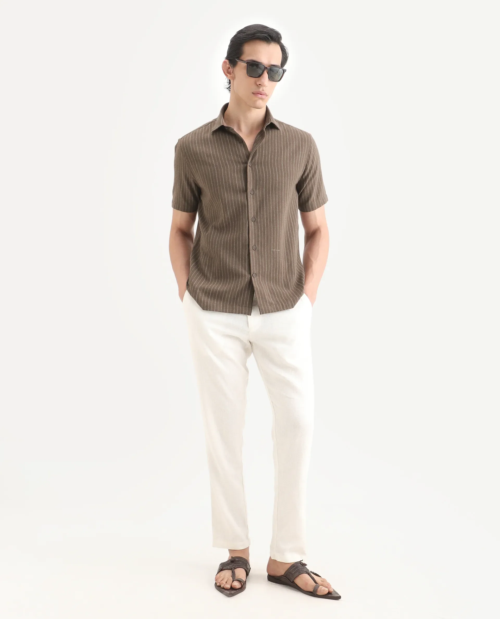 Rare Rabbit Men's Elkie Brown Cotton Blend Fabric Spread Collar Regular Striped Shirt - Image 2