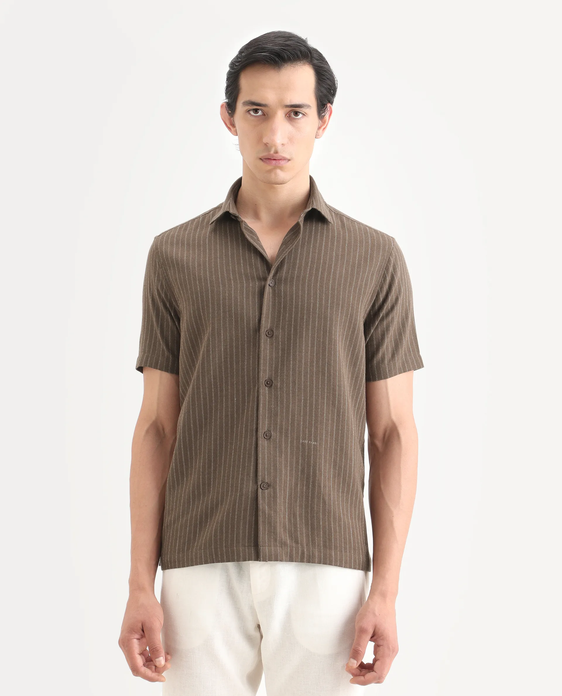 Rare Rabbit Men's Elkie Brown Cotton Blend Fabric Spread Collar Regular Striped Shirt - Image 3