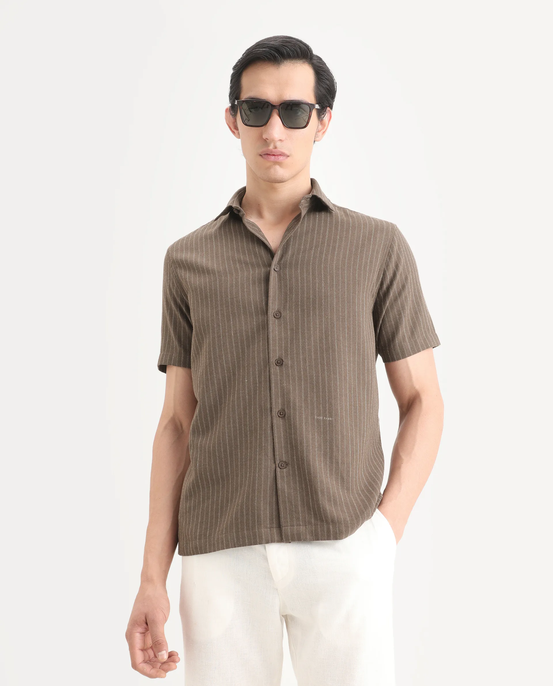 Rare Rabbit Men's Elkie Brown Cotton Blend Fabric Spread Collar Regular Striped Shirt - Image 4