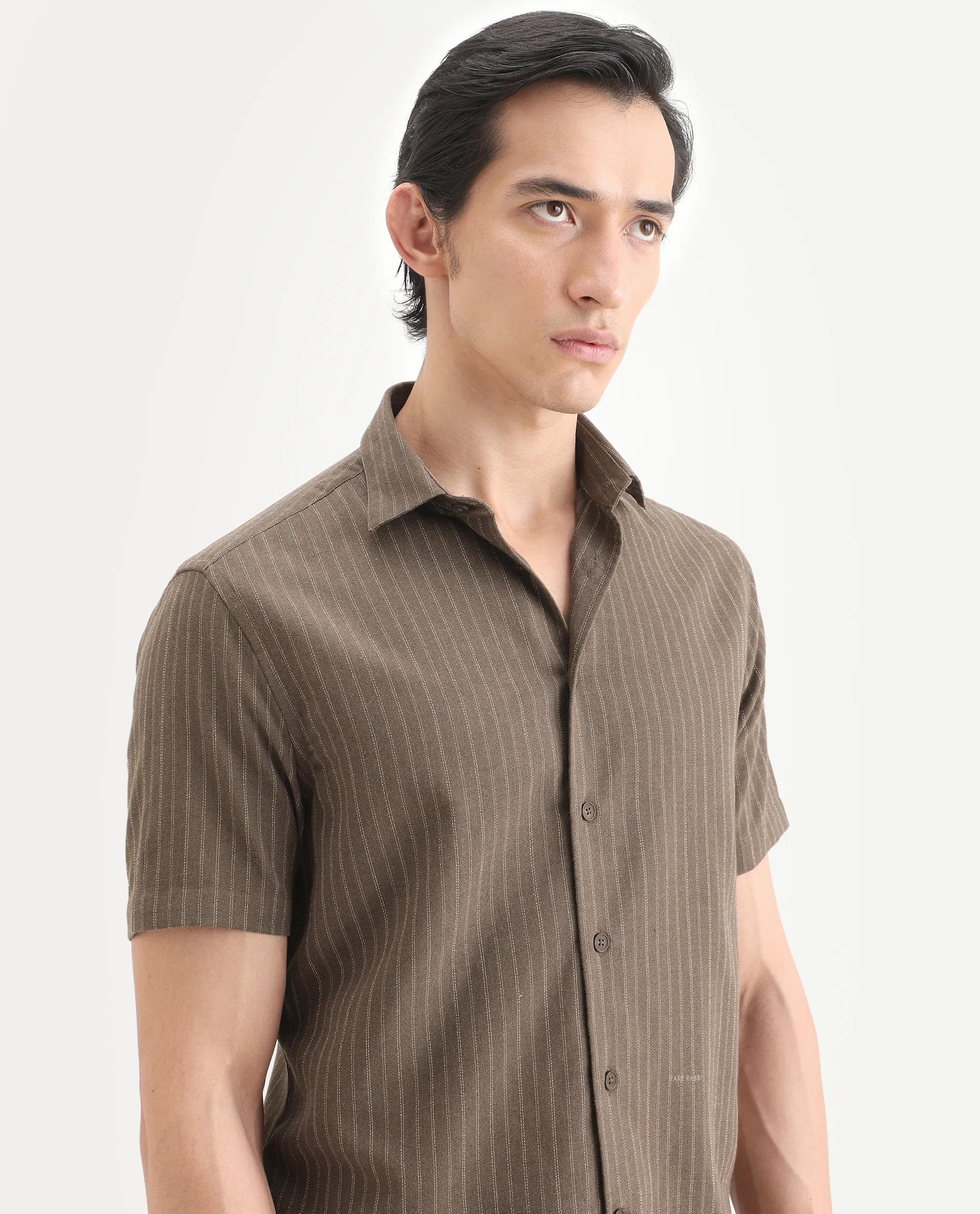 Rare Rabbit Men's Elkie Brown Cotton Blend Fabric Spread Collar Regular Striped Shirt - Image 5