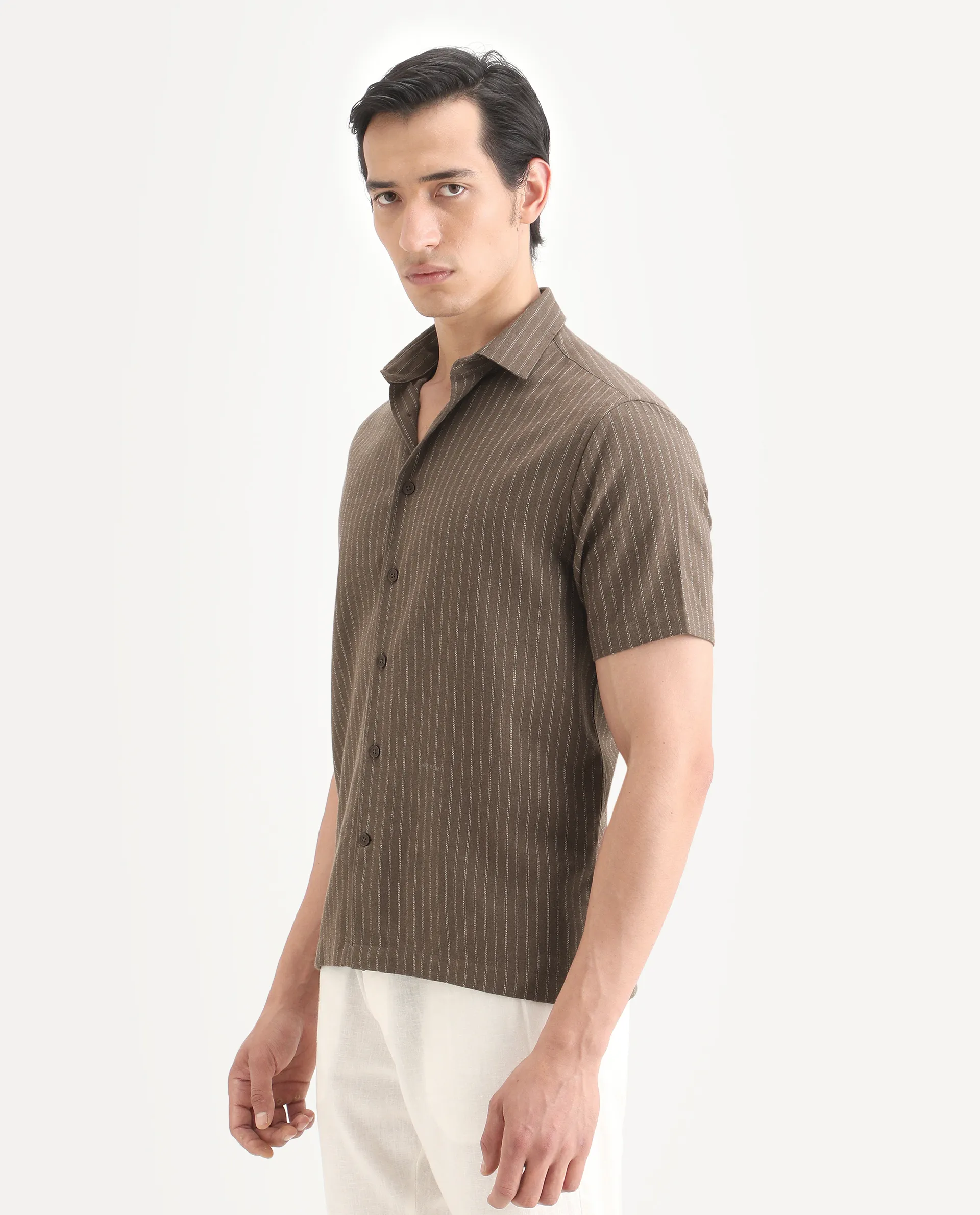 Rare Rabbit Men's Elkie Brown Cotton Blend Fabric Spread Collar Regular Striped Shirt - Image 6
