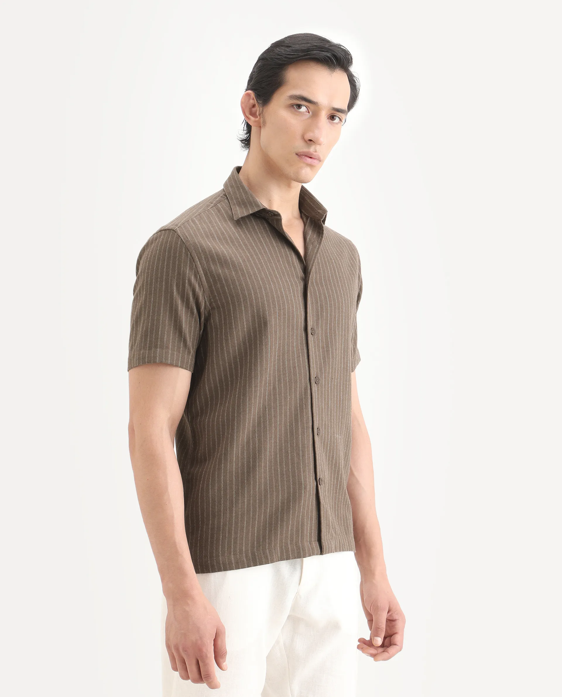 Rare Rabbit Men's Elkie Brown Cotton Blend Fabric Spread Collar Regular Striped Shirt - Image 7