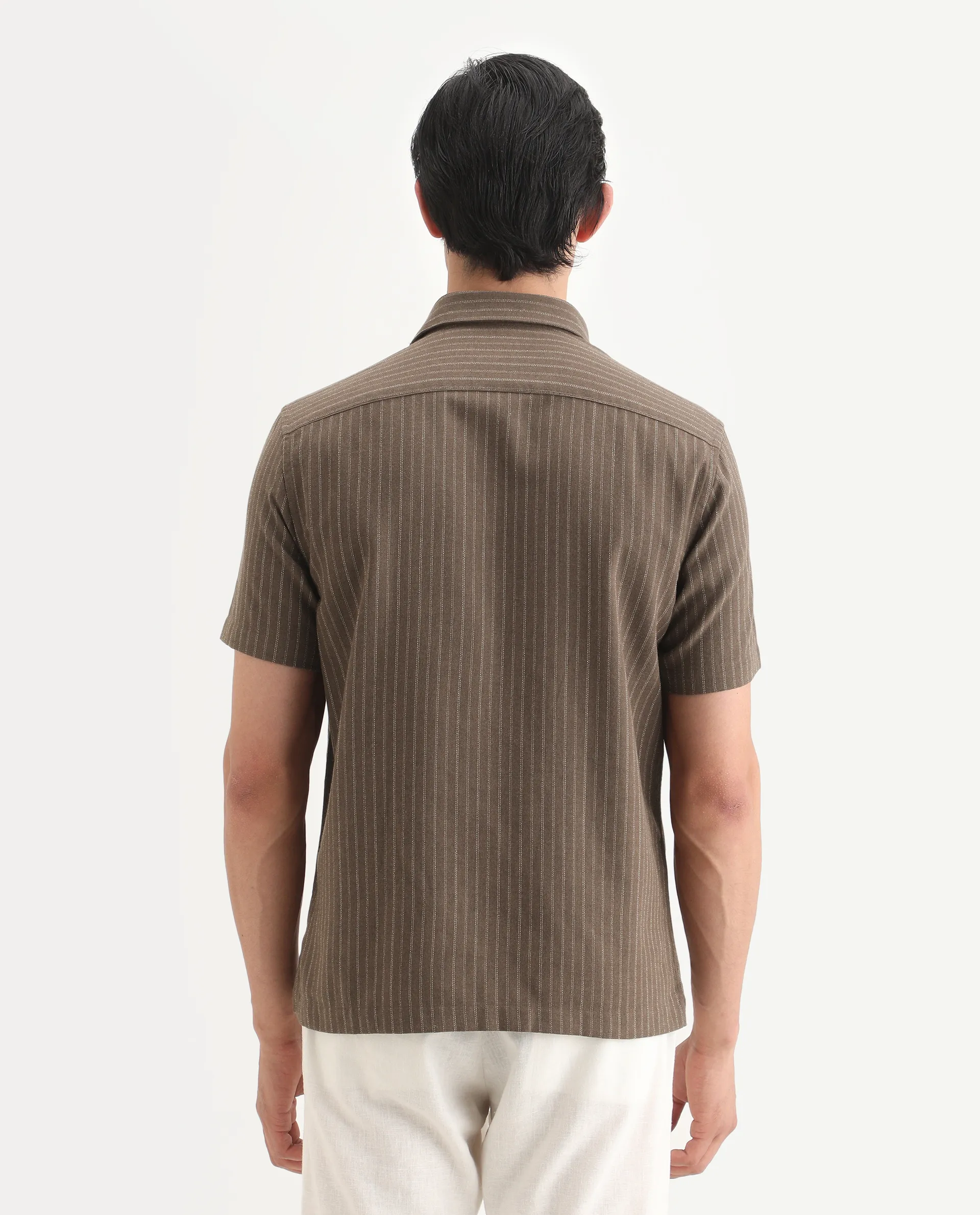 Rare Rabbit Men's Elkie Brown Cotton Blend Fabric Spread Collar Regular Striped Shirt - Image 8