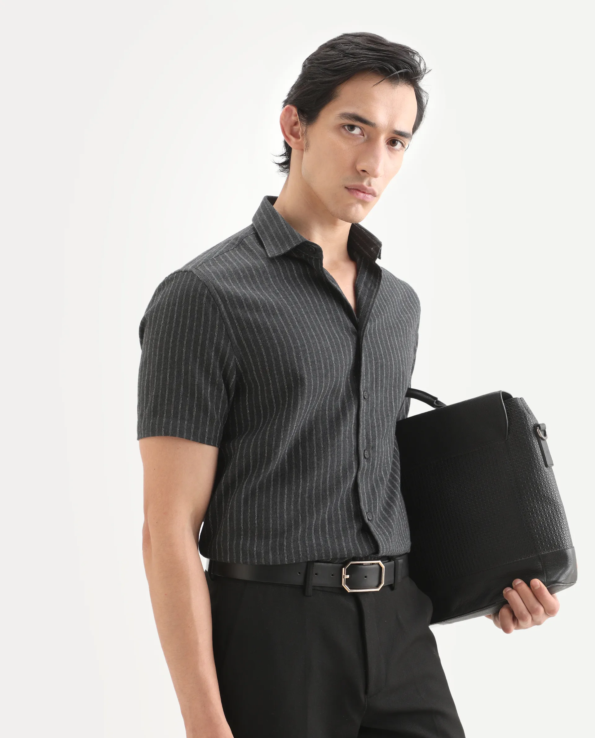 Rare Rabbit Men's Elkie Dark Grey Cotton Blend Fabric Spread Collar Regular Striped Shirt