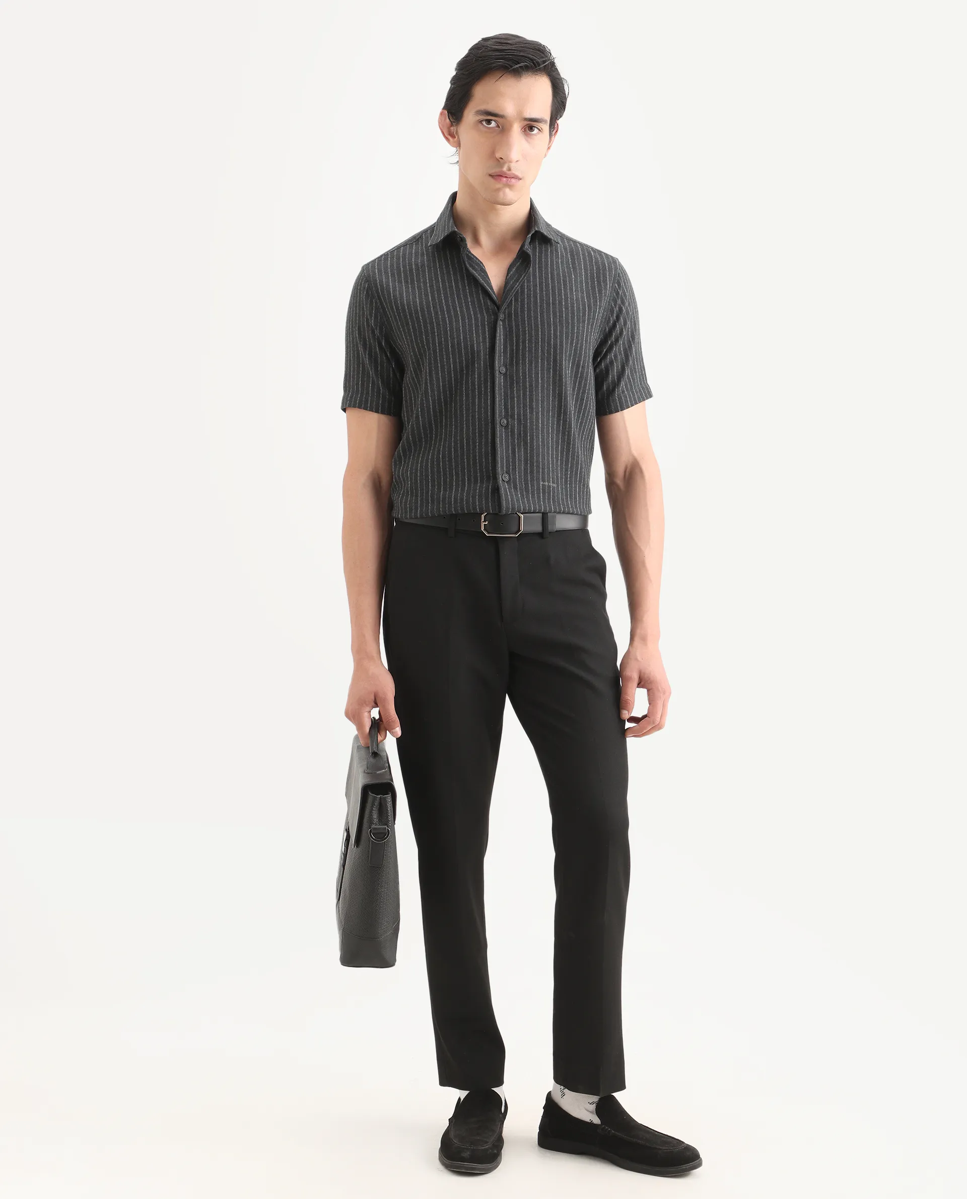 Rare Rabbit Men's Elkie Dark Grey Cotton Blend Fabric Spread Collar Regular Striped Shirt - Image 2