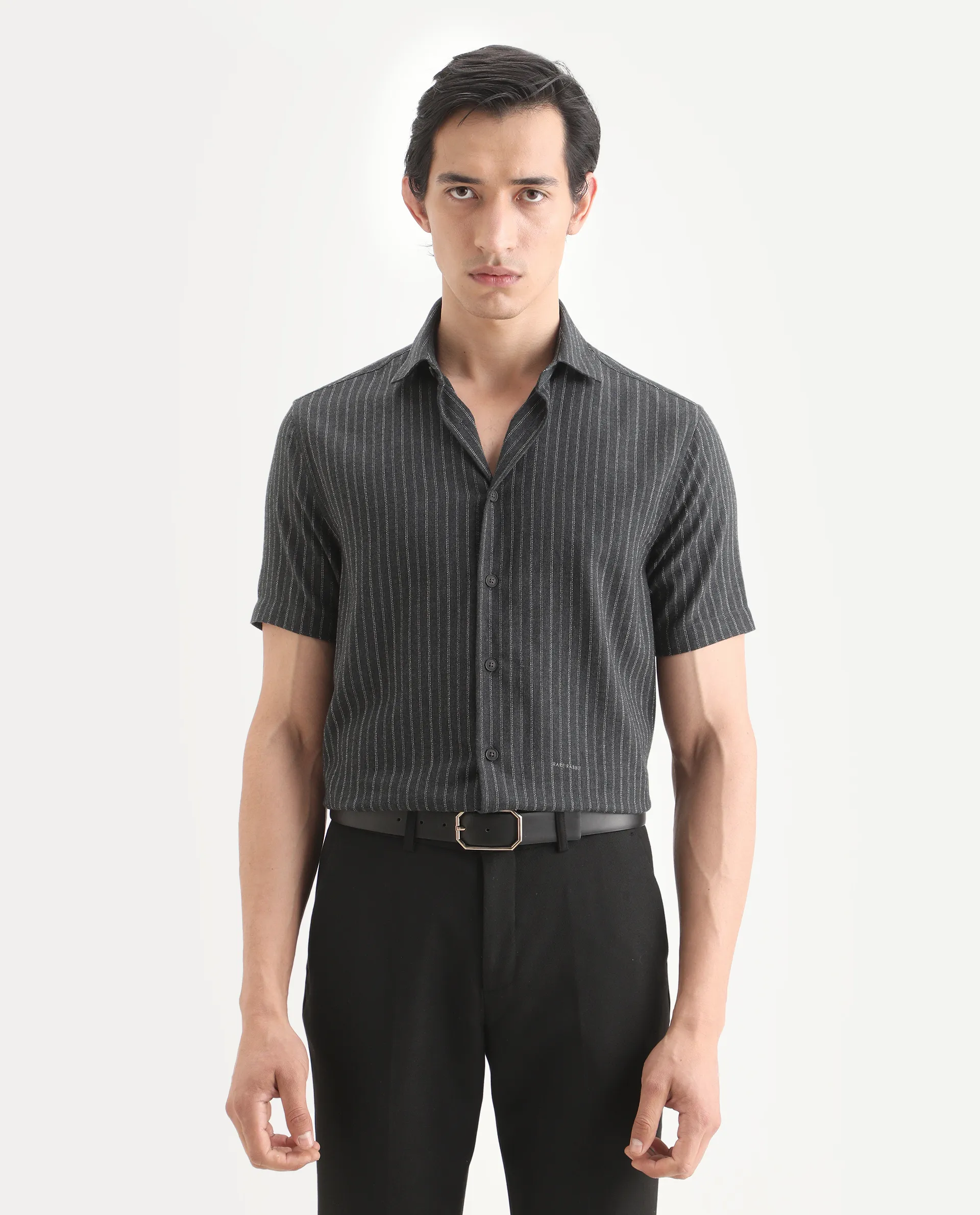 Rare Rabbit Men's Elkie Dark Grey Cotton Blend Fabric Spread Collar Regular Striped Shirt - Image 3