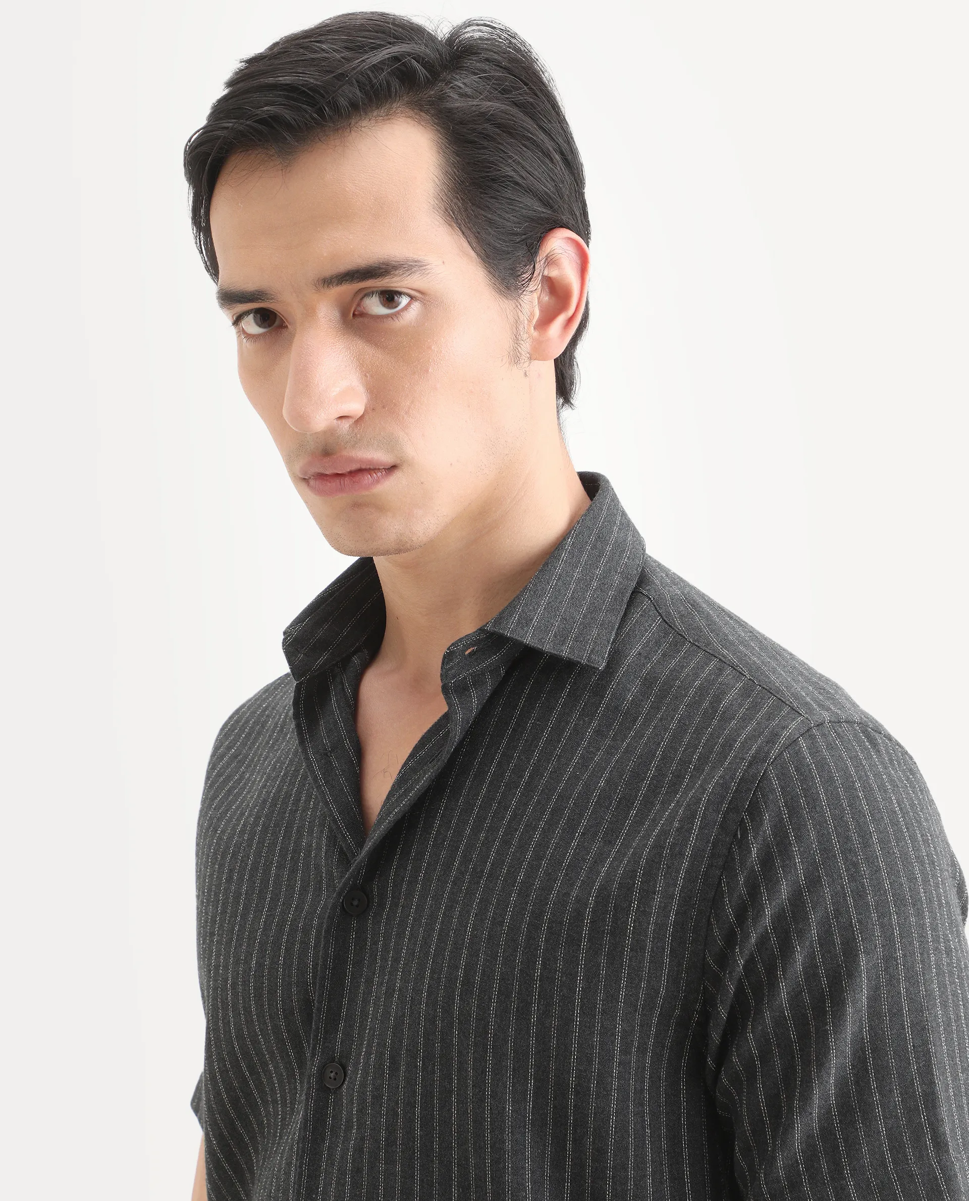 Rare Rabbit Men's Elkie Dark Grey Cotton Blend Fabric Spread Collar Regular Striped Shirt - Image 4