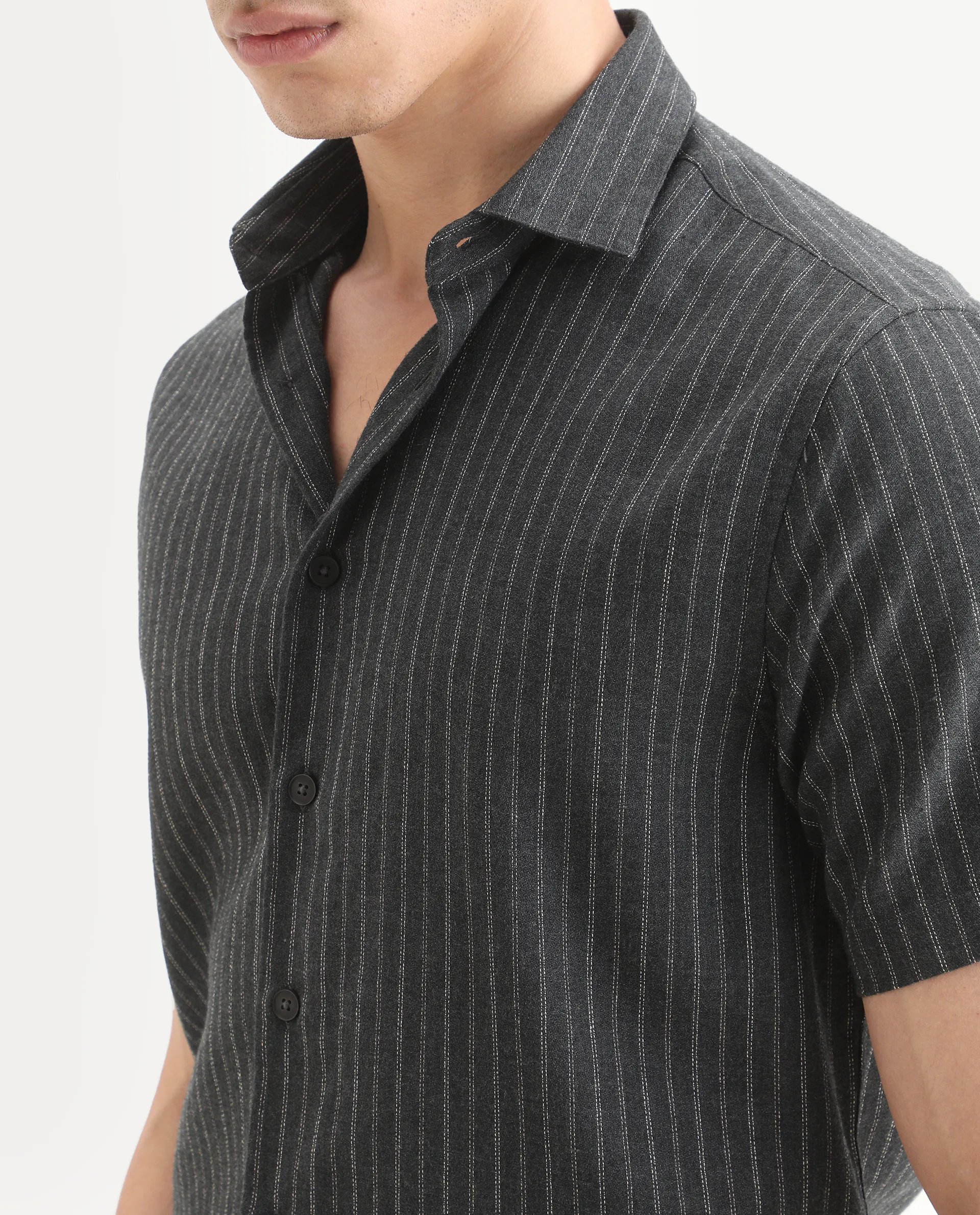 Rare Rabbit Men's Elkie Dark Grey Cotton Blend Fabric Spread Collar Regular Striped Shirt - Image 5