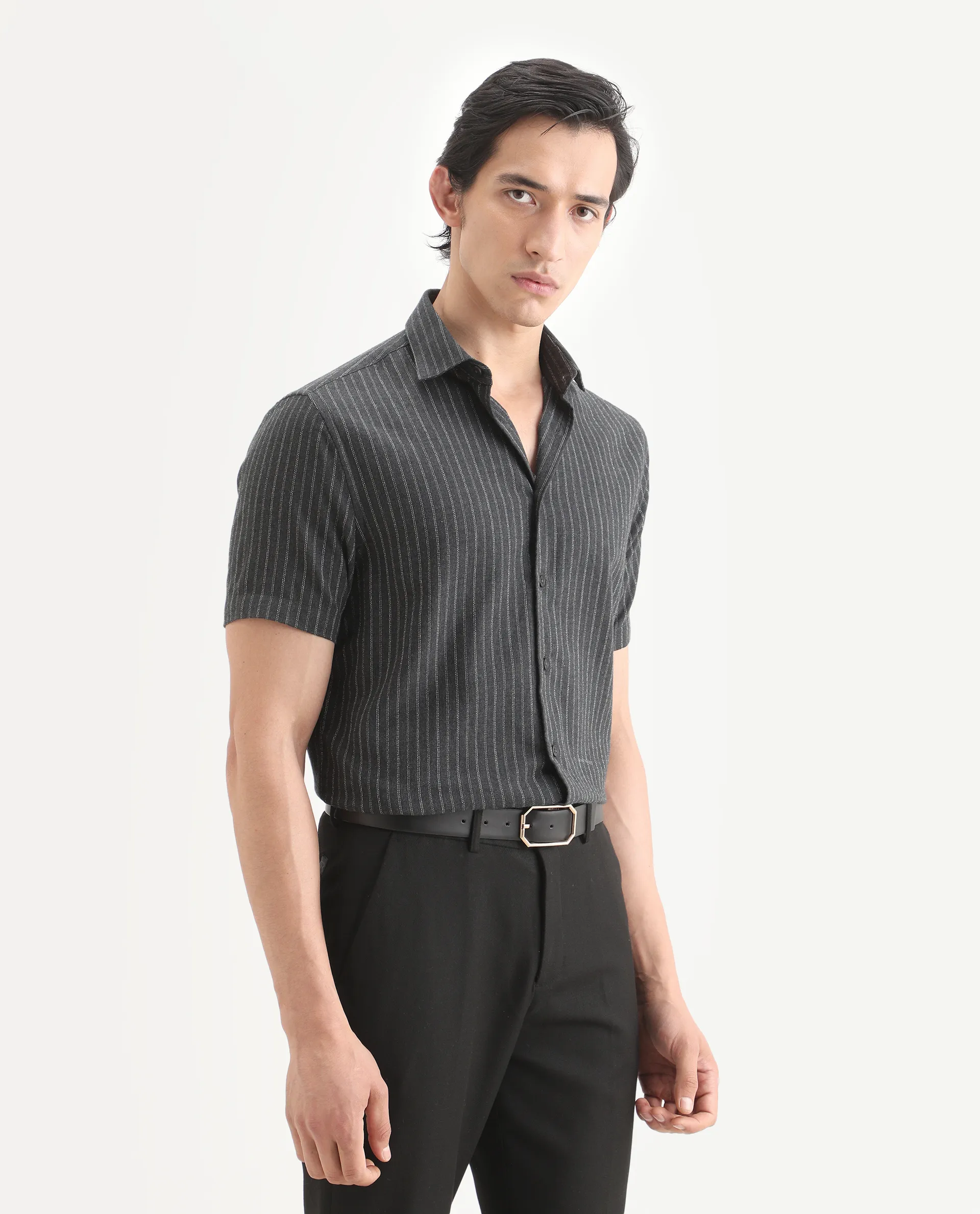 Rare Rabbit Men's Elkie Dark Grey Cotton Blend Fabric Spread Collar Regular Striped Shirt - Image 6