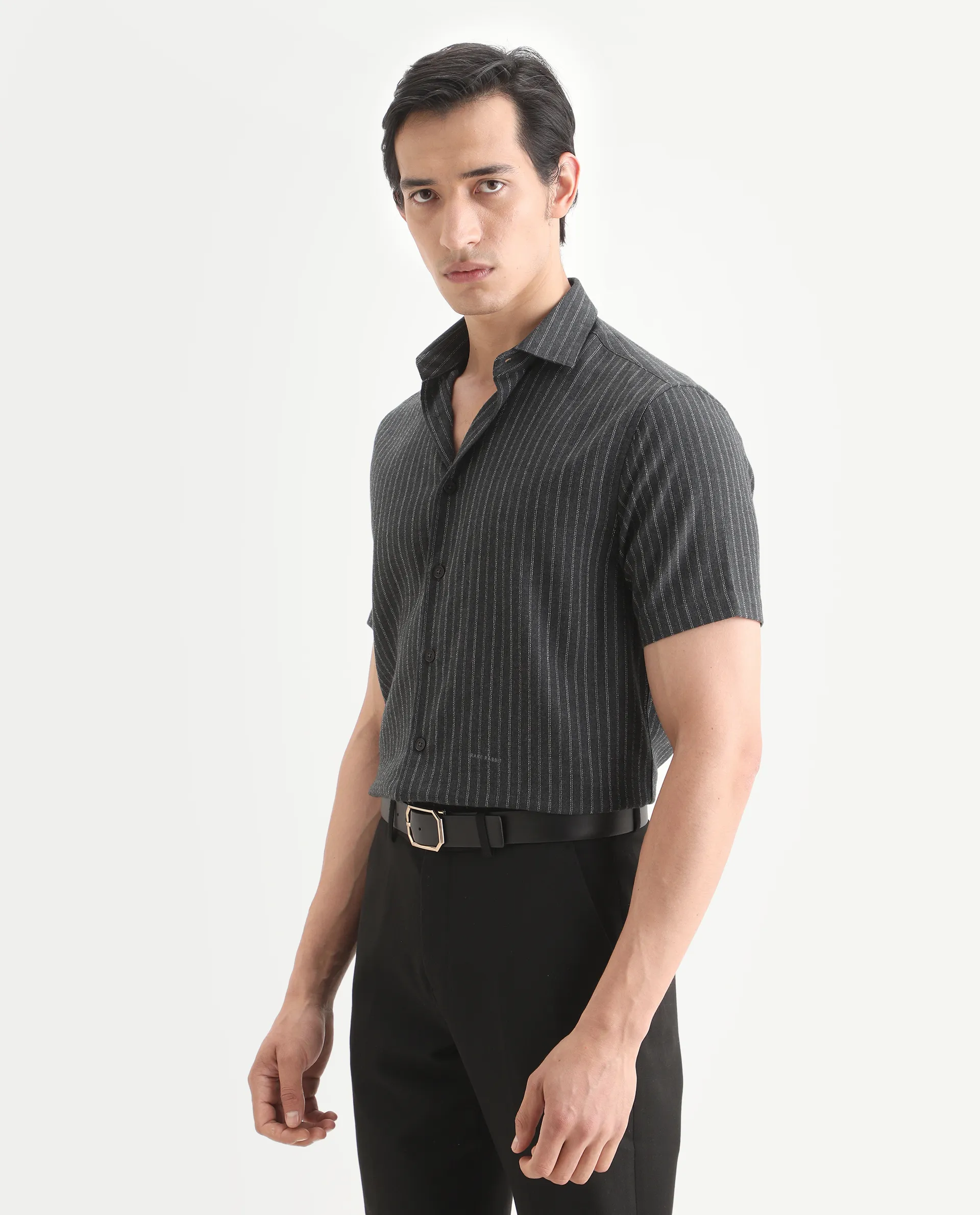 Rare Rabbit Men's Elkie Dark Grey Cotton Blend Fabric Spread Collar Regular Striped Shirt - Image 7