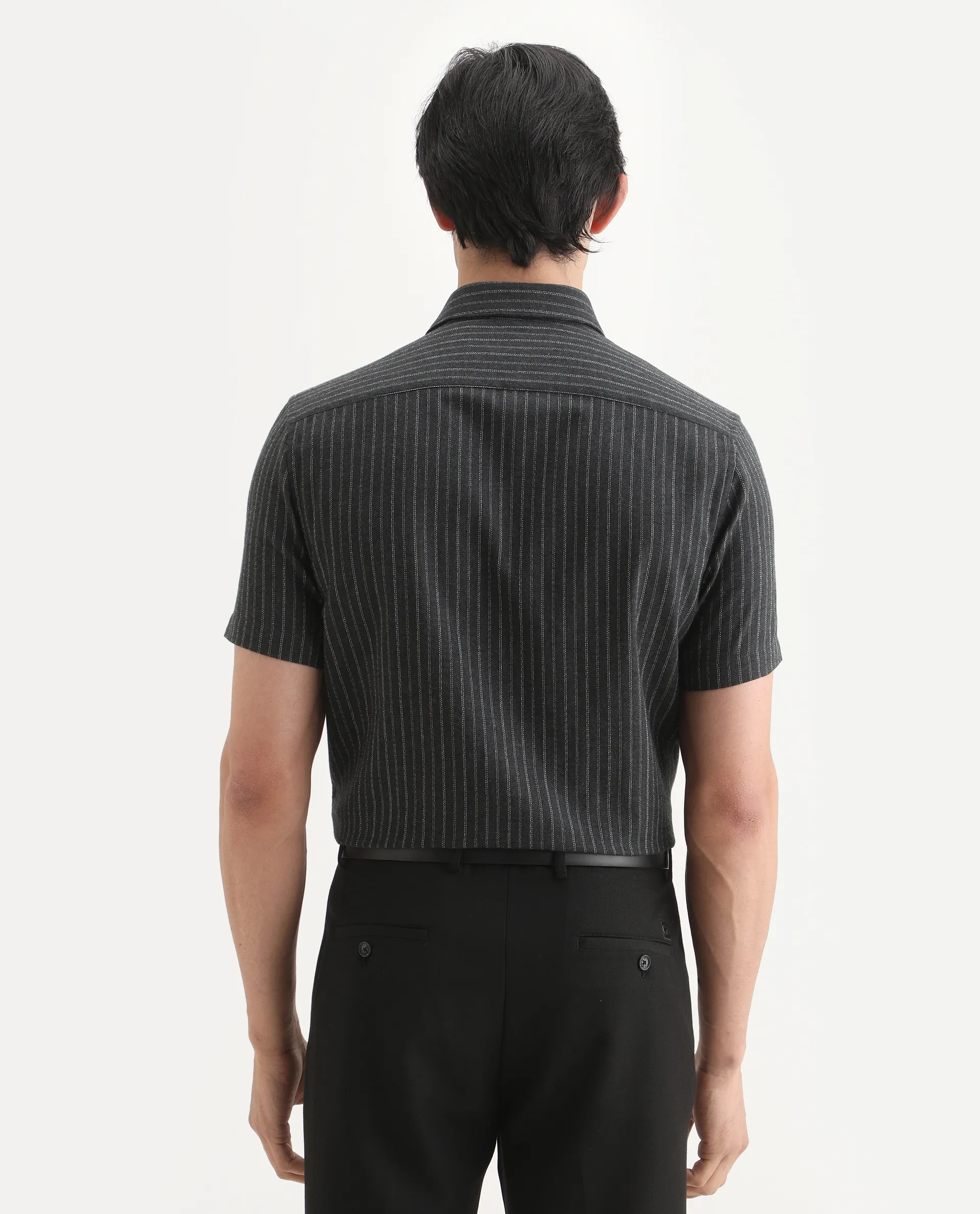 Rare Rabbit Men's Elkie Dark Grey Cotton Blend Fabric Spread Collar Regular Striped Shirt - Image 8