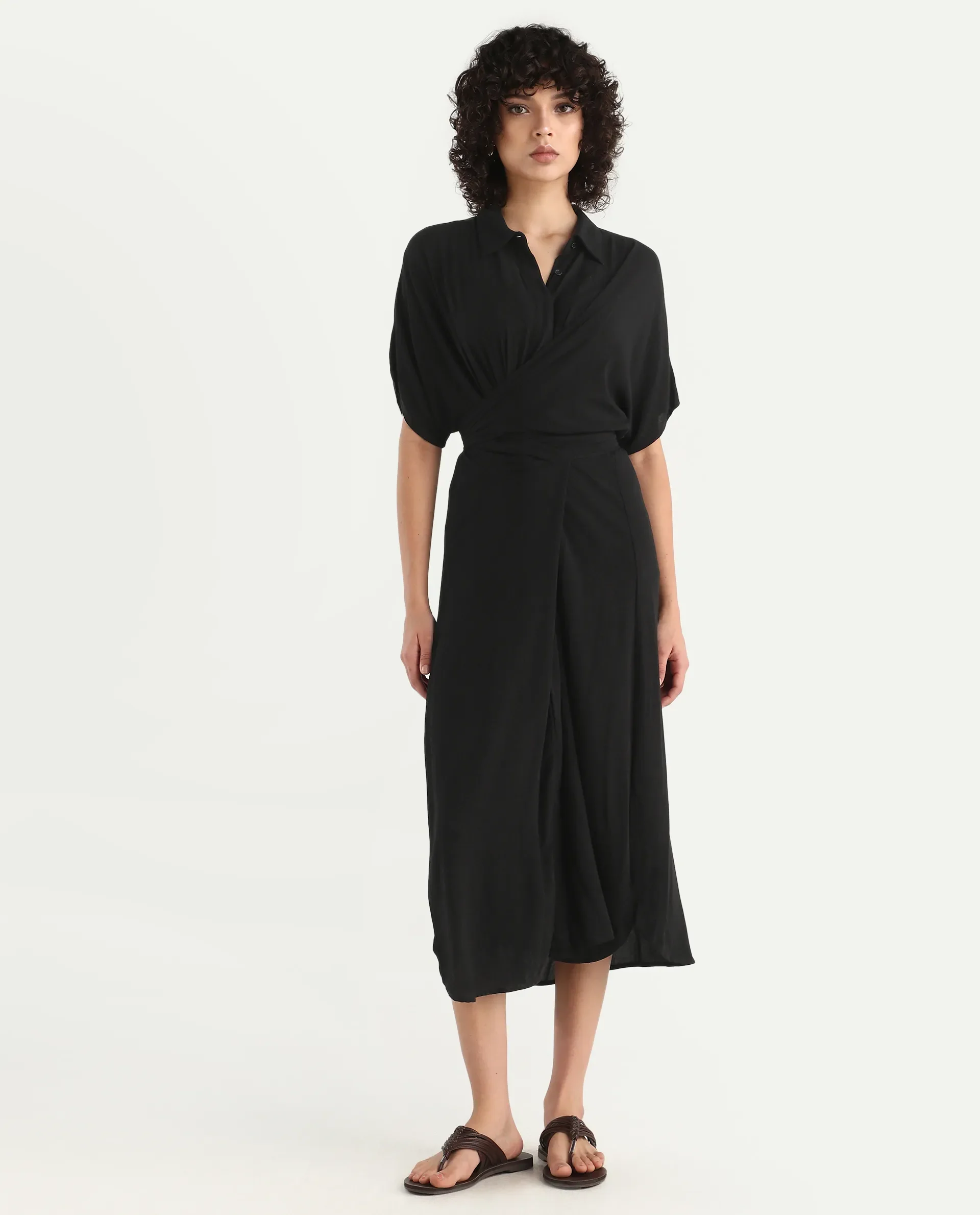 Rareism Women's Ella Black Drop Collar Plain Extended Sleeves Midi Relaxed Fit Dress - Image 2