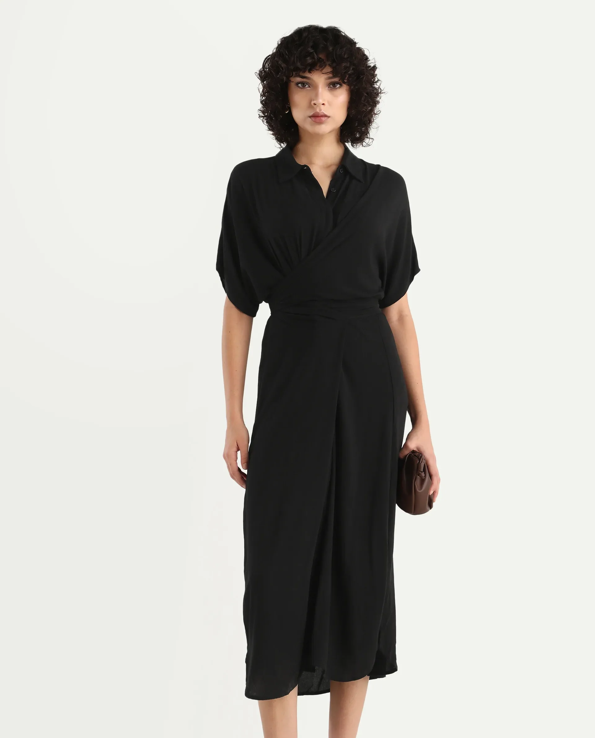 Rareism Women's Ella Black Drop Collar Plain Extended Sleeves Midi Relaxed Fit Dress - Image 3