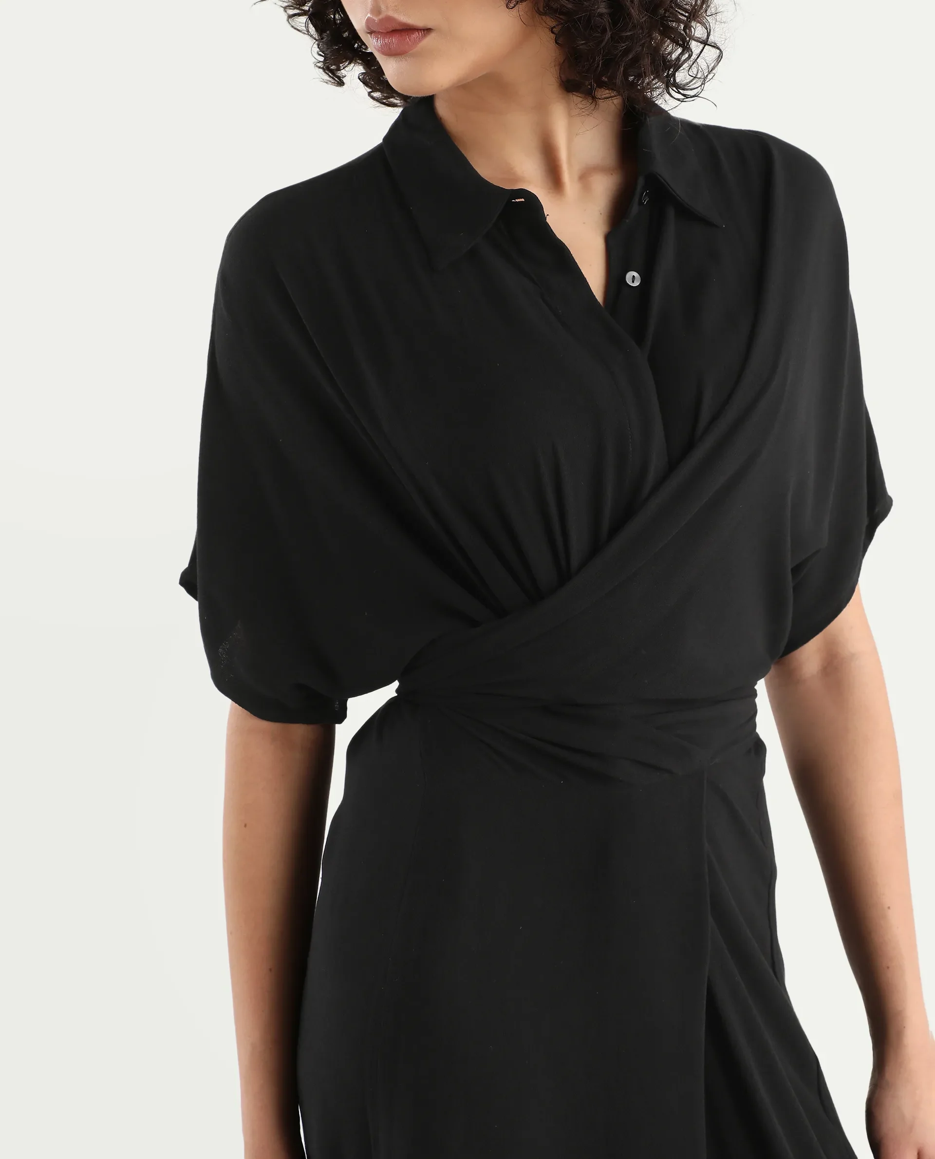Rareism Women's Ella Black Drop Collar Plain Extended Sleeves Midi Relaxed Fit Dress - Image 4