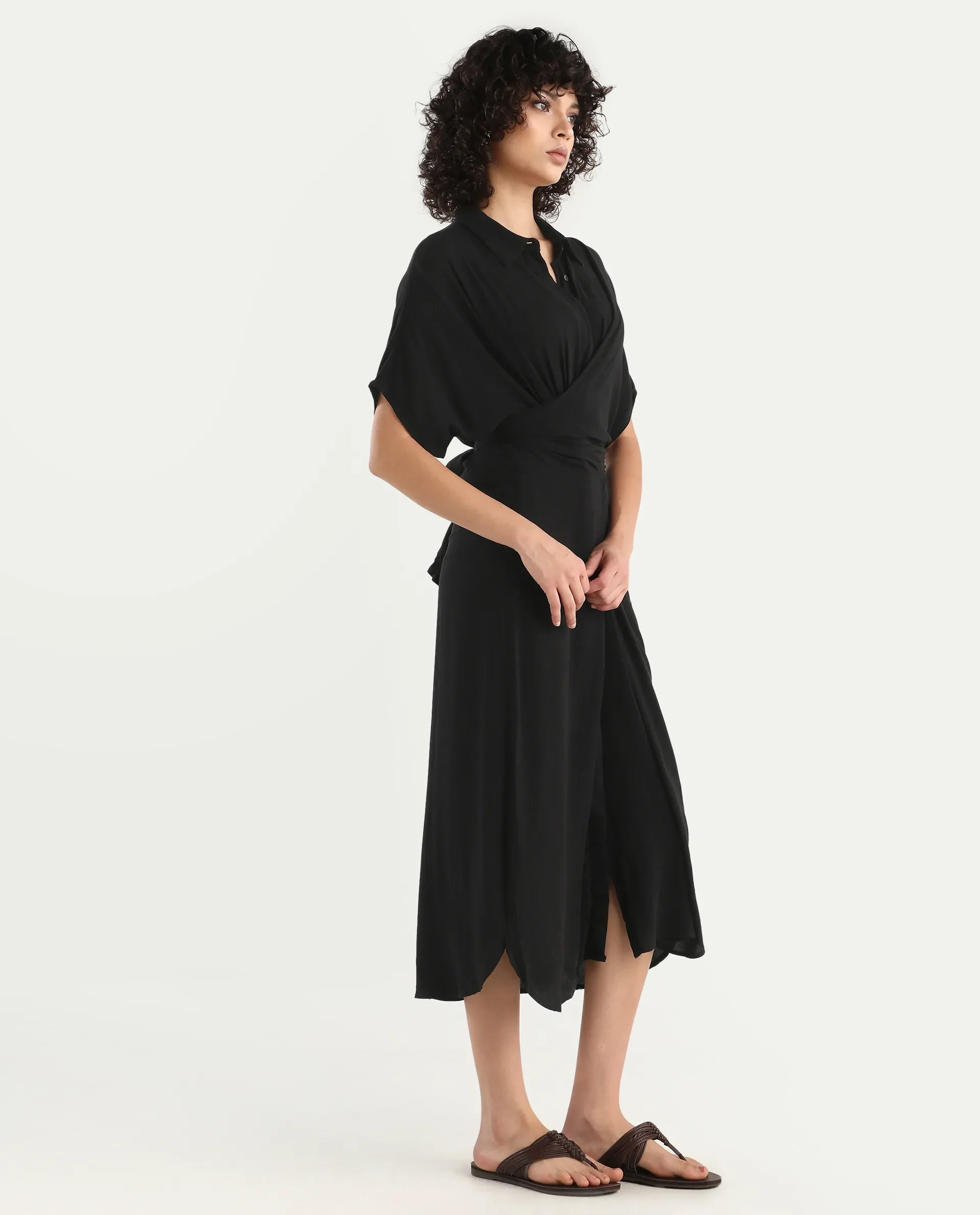 Rareism Women's Ella Black Drop Collar Plain Extended Sleeves Midi Relaxed Fit Dress - Image 5