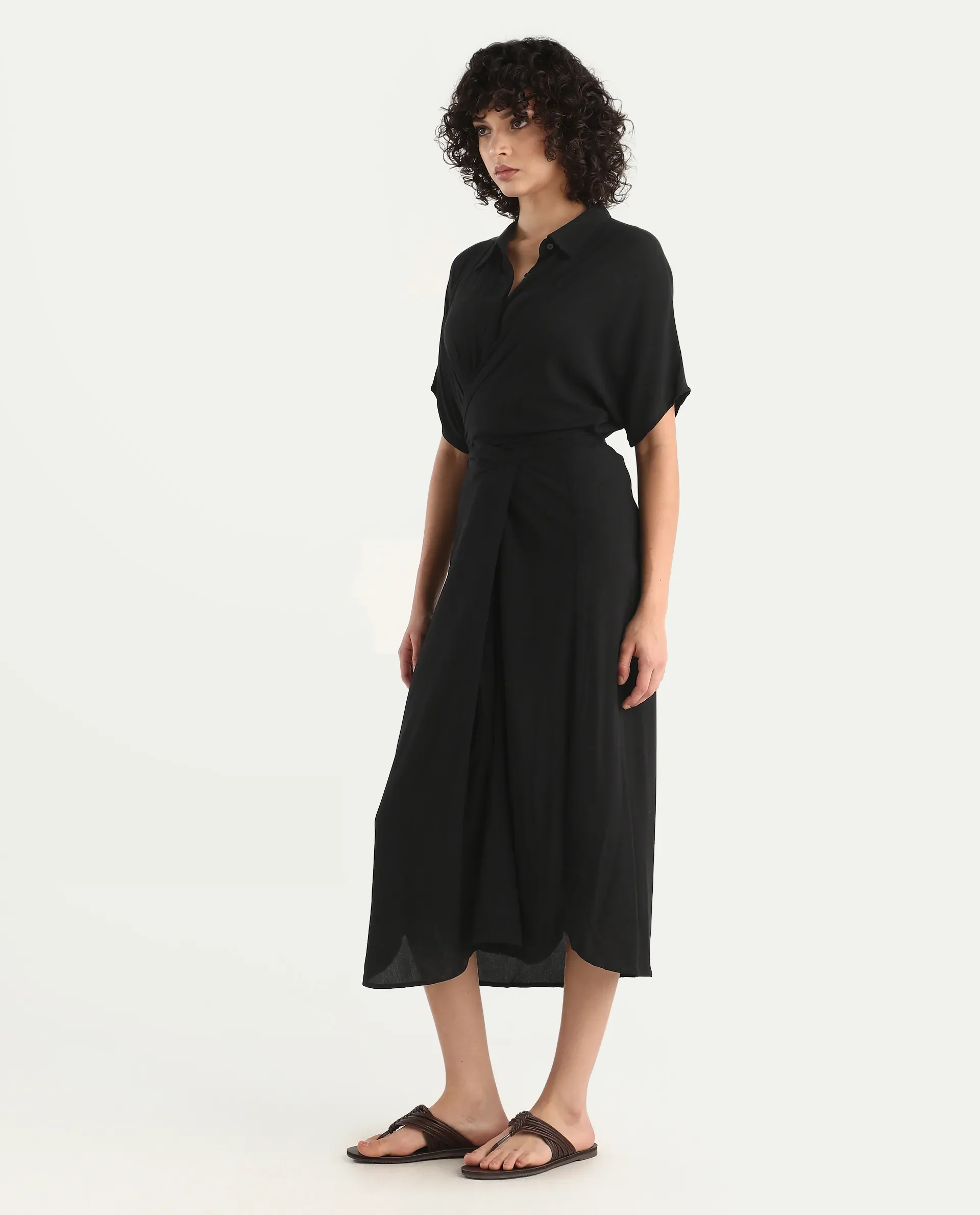 Rareism Women's Ella Black Drop Collar Plain Extended Sleeves Midi Relaxed Fit Dress - Image 6
