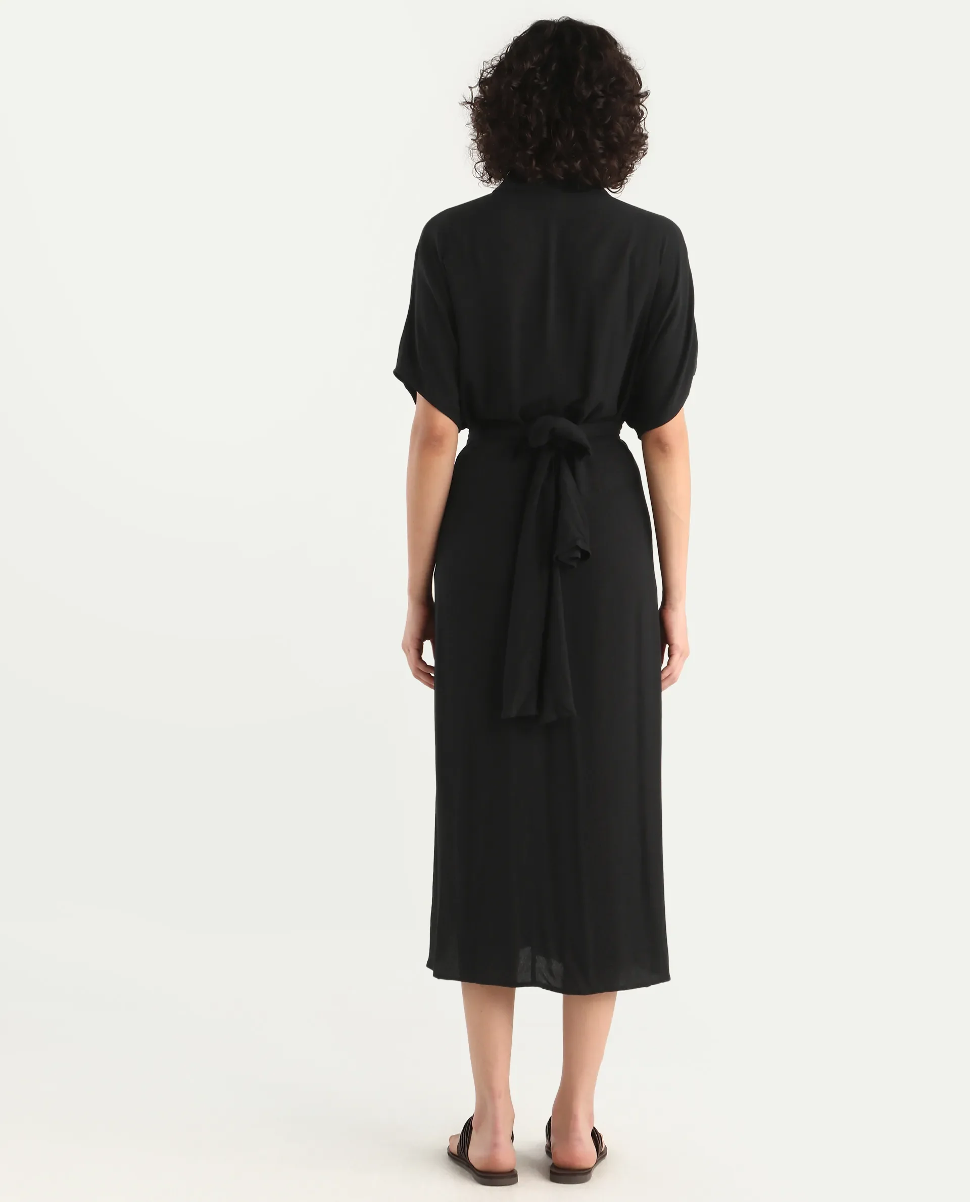 Rareism Women's Ella Black Drop Collar Plain Extended Sleeves Midi Relaxed Fit Dress - Image 7