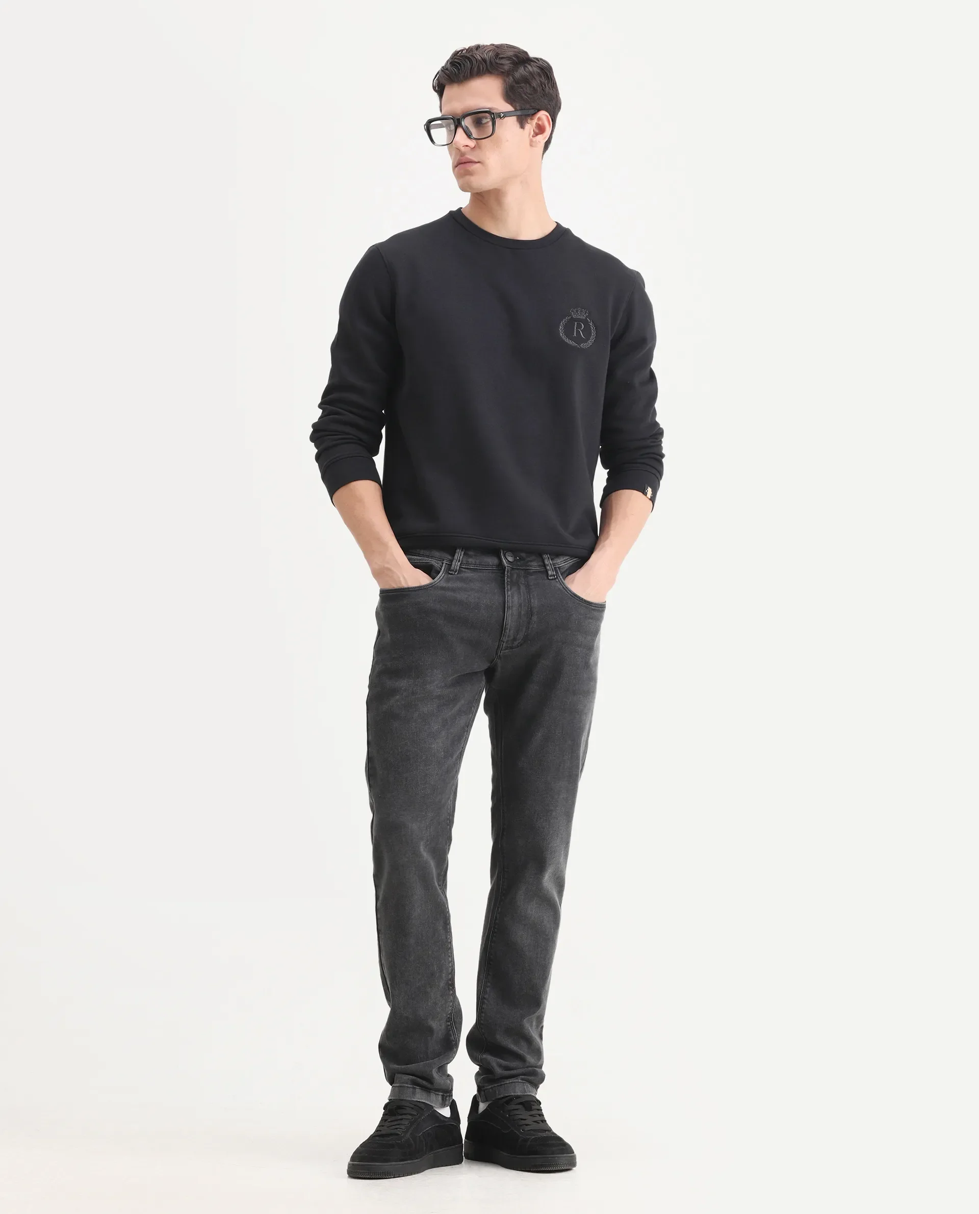 Rare Rabbit Men's Elle Black Cotton Embroidered Slim Fit Full Sleeve Crew Neck Sweatshirt - Image 2