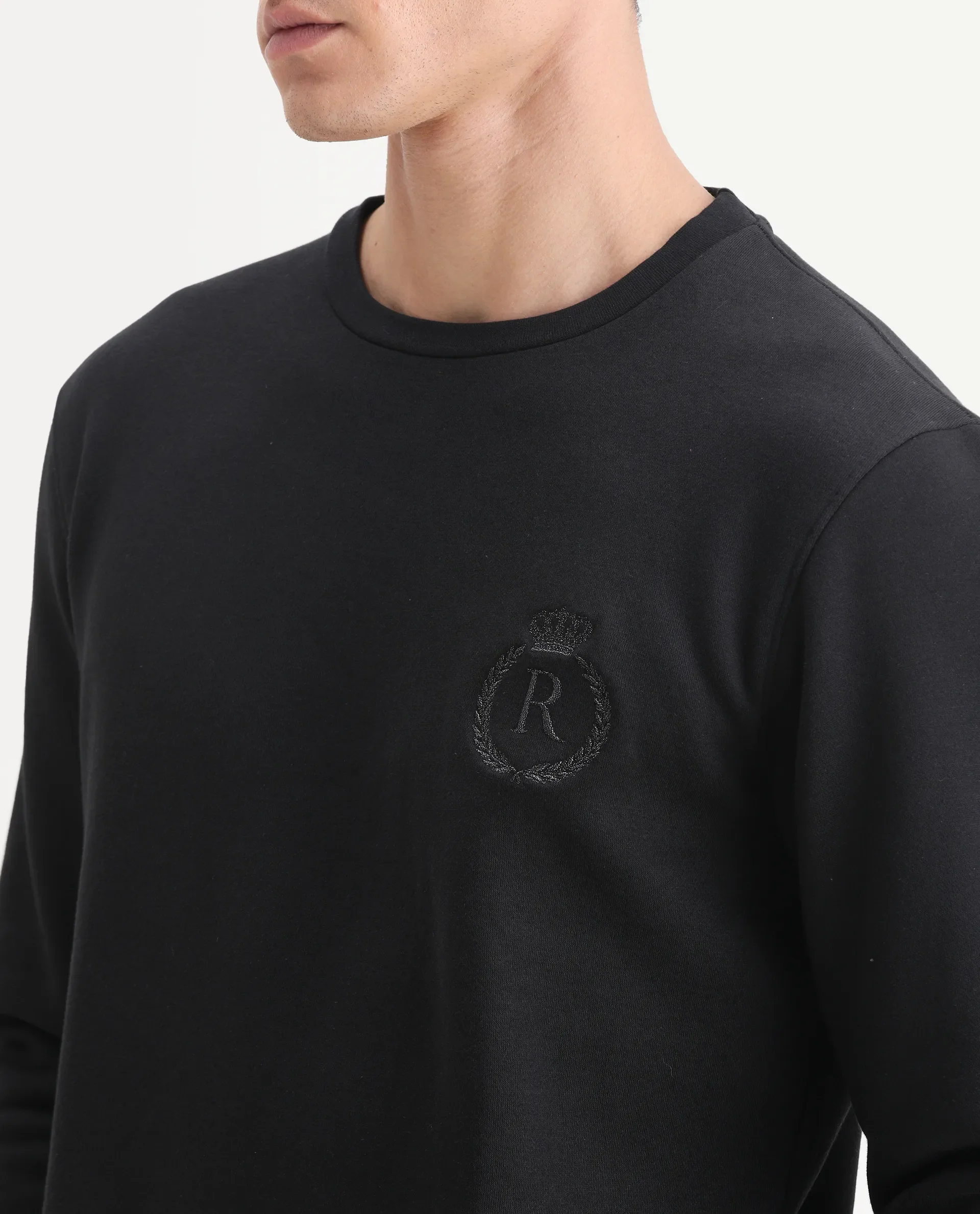 Rare Rabbit Men's Elle Black Cotton Embroidered Slim Fit Full Sleeve Crew Neck Sweatshirt - Image 3