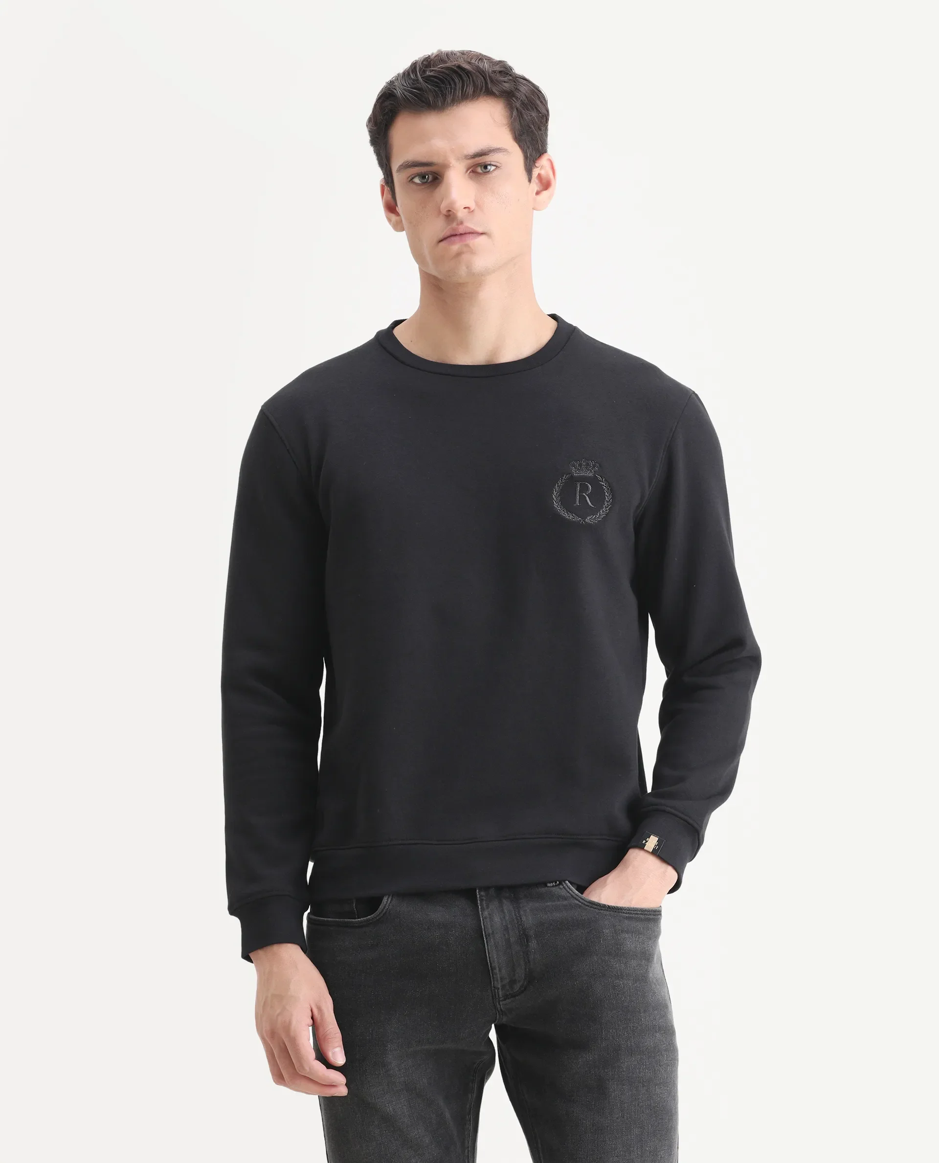 Rare Rabbit Men's Elle Black Cotton Embroidered Slim Fit Full Sleeve Crew Neck Sweatshirt - Image 4