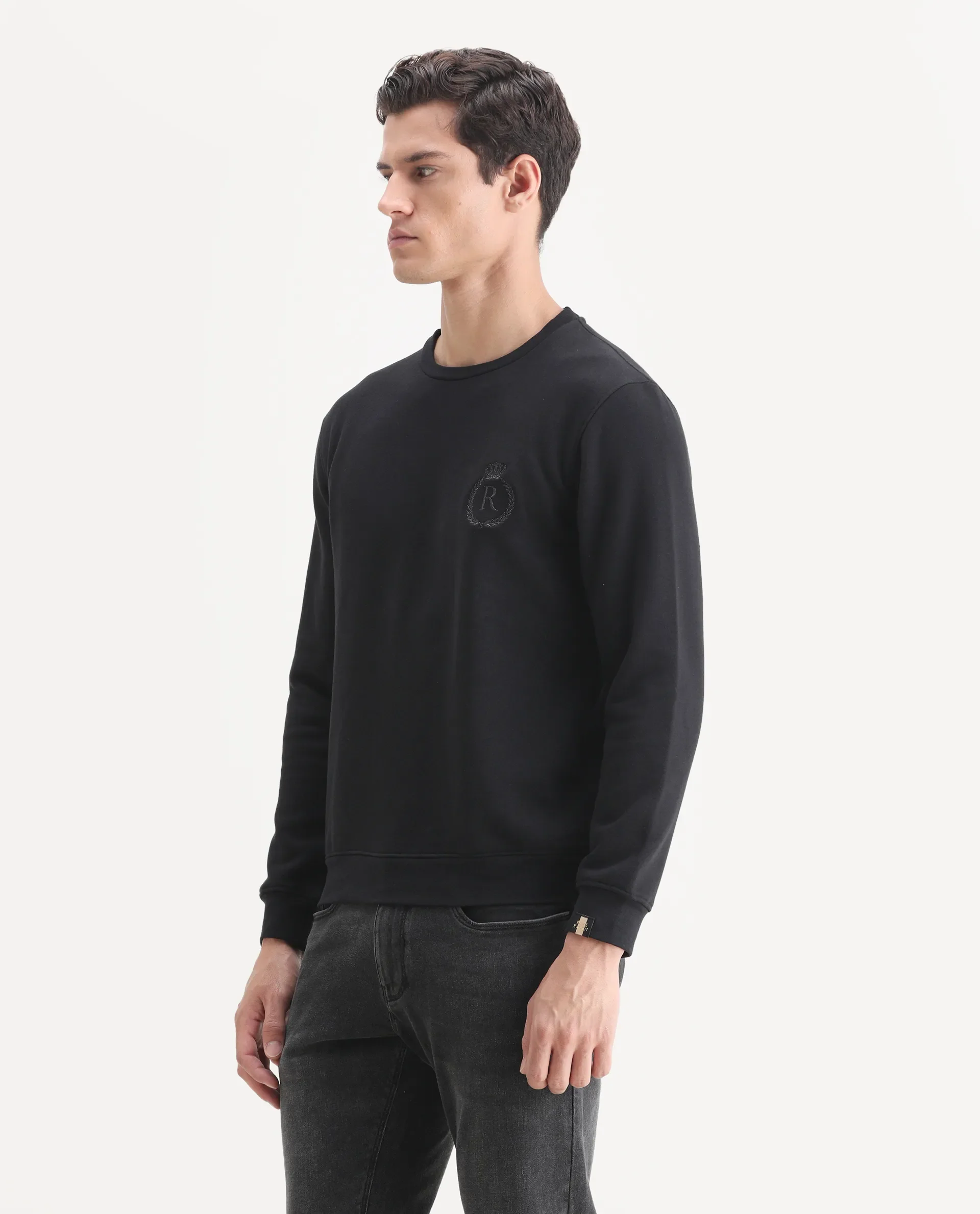 Rare Rabbit Men's Elle Black Cotton Embroidered Slim Fit Full Sleeve Crew Neck Sweatshirt - Image 5