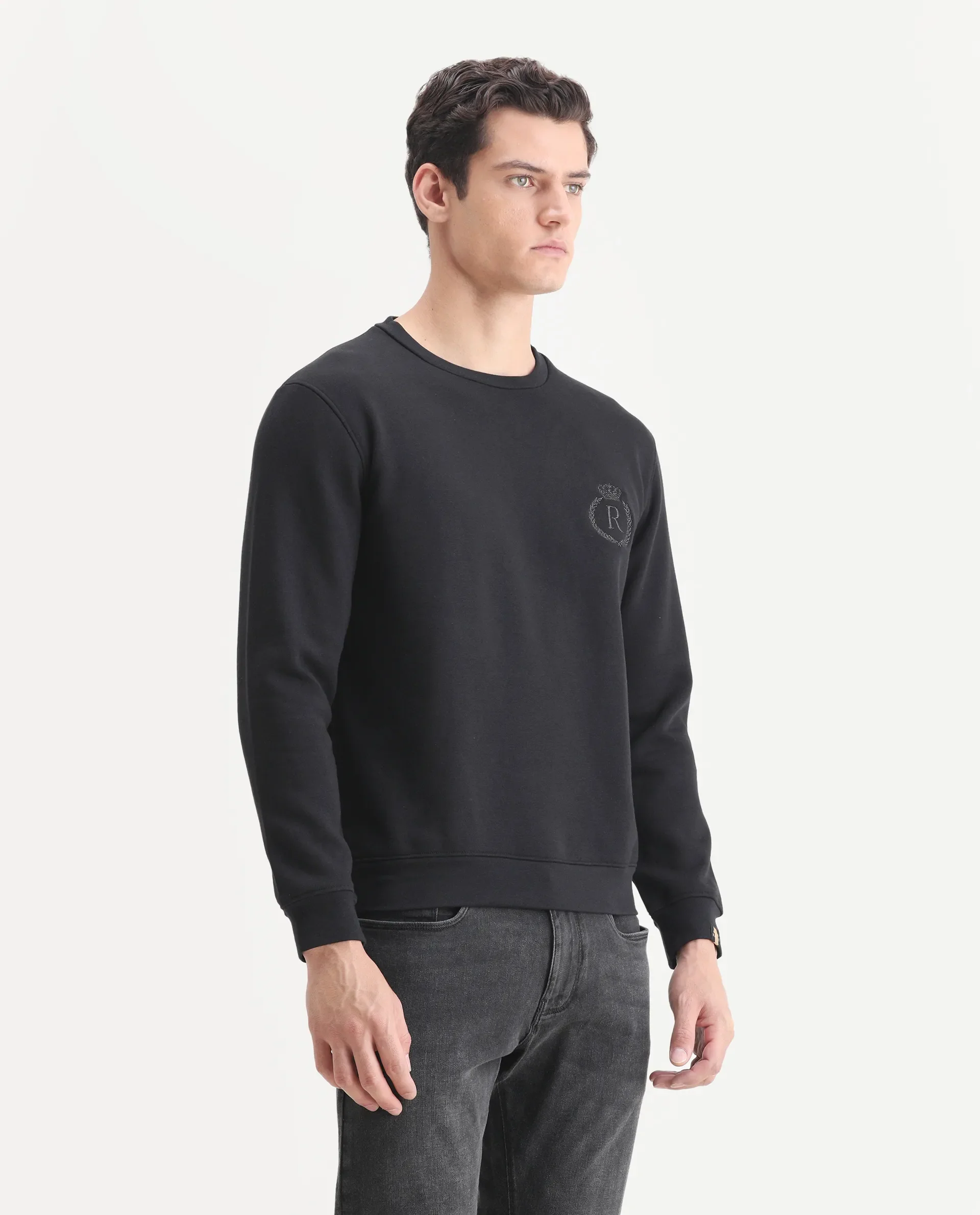 Rare Rabbit Men's Elle Black Cotton Embroidered Slim Fit Full Sleeve Crew Neck Sweatshirt - Image 6