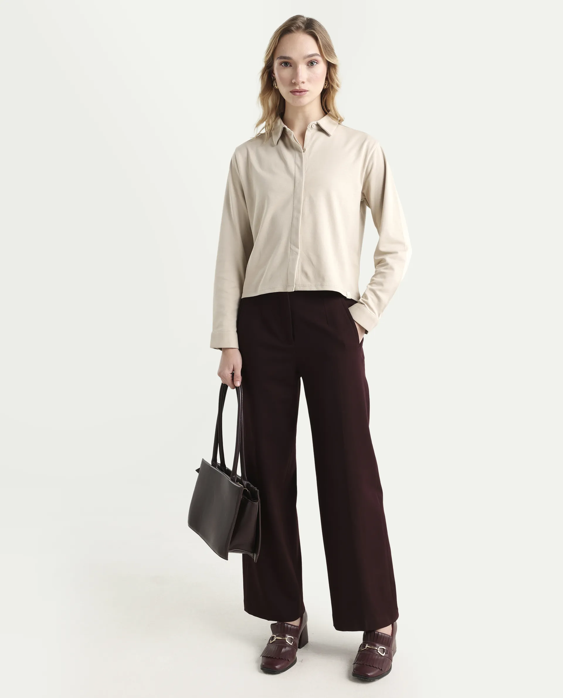 Rareism Women's Ellery Beige Cotton Blend Drop Collar Plain Regular Fit Shirt - Image 2