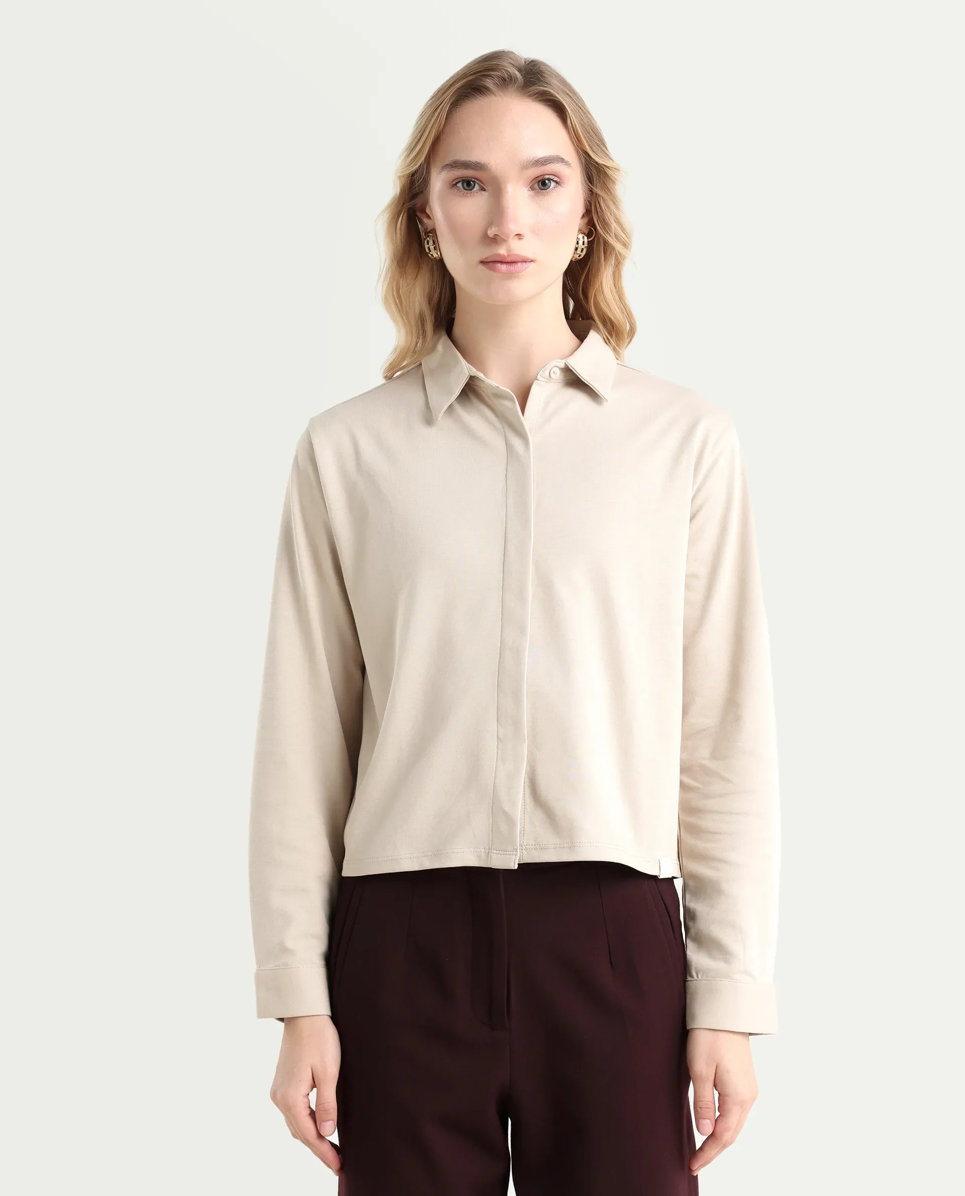 Rareism Women's Ellery Beige Cotton Blend Drop Collar Plain Regular Fit Shirt - Image 3