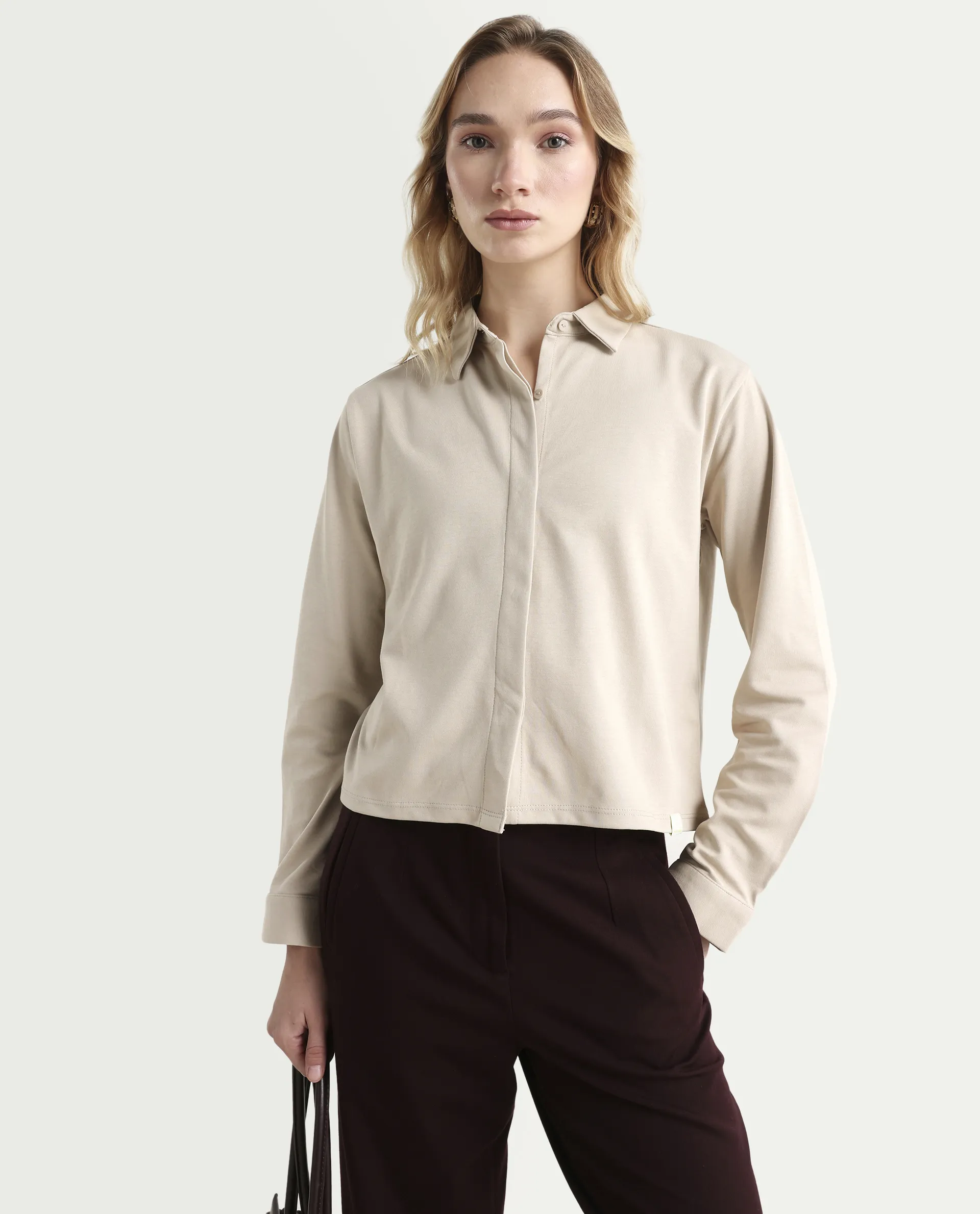 Rareism Women's Ellery Beige Cotton Blend Drop Collar Plain Regular Fit Shirt - Image 4