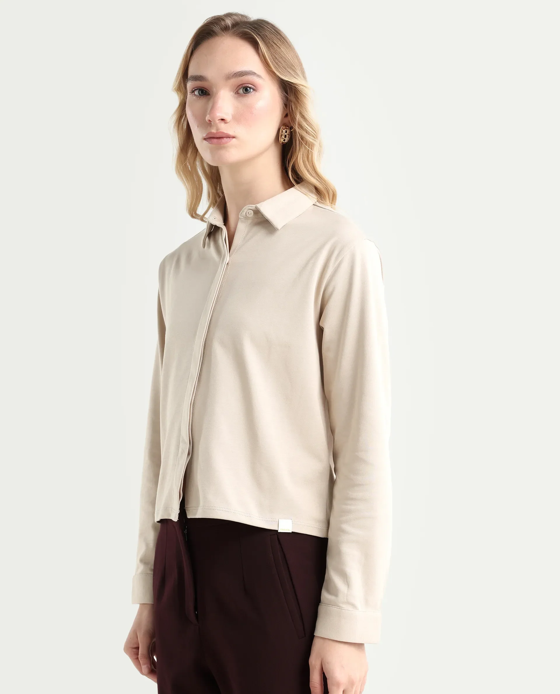 Rareism Women's Ellery Beige Cotton Blend Drop Collar Plain Regular Fit Shirt - Image 5