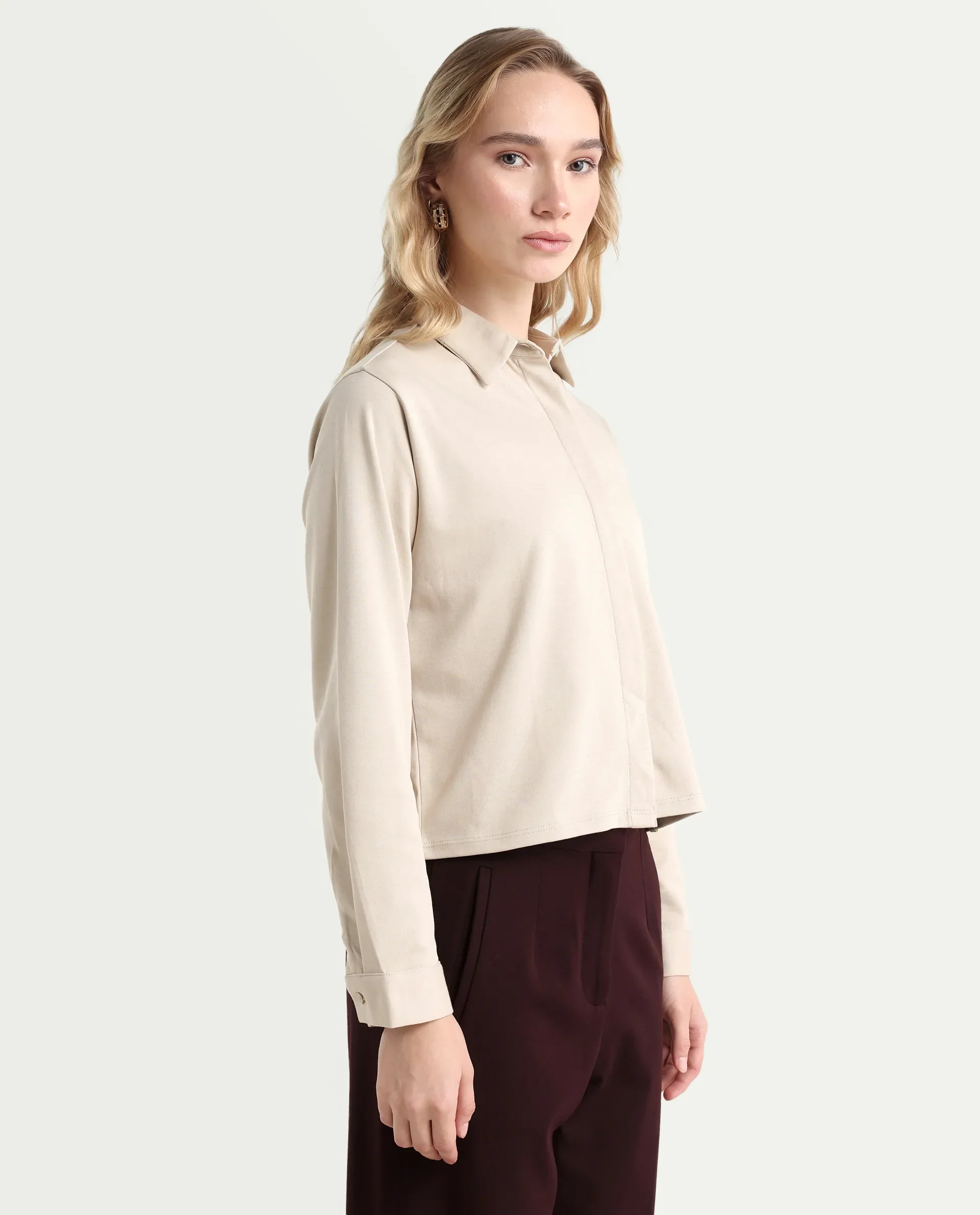 Rareism Women's Ellery Beige Cotton Blend Drop Collar Plain Regular Fit Shirt - Image 6