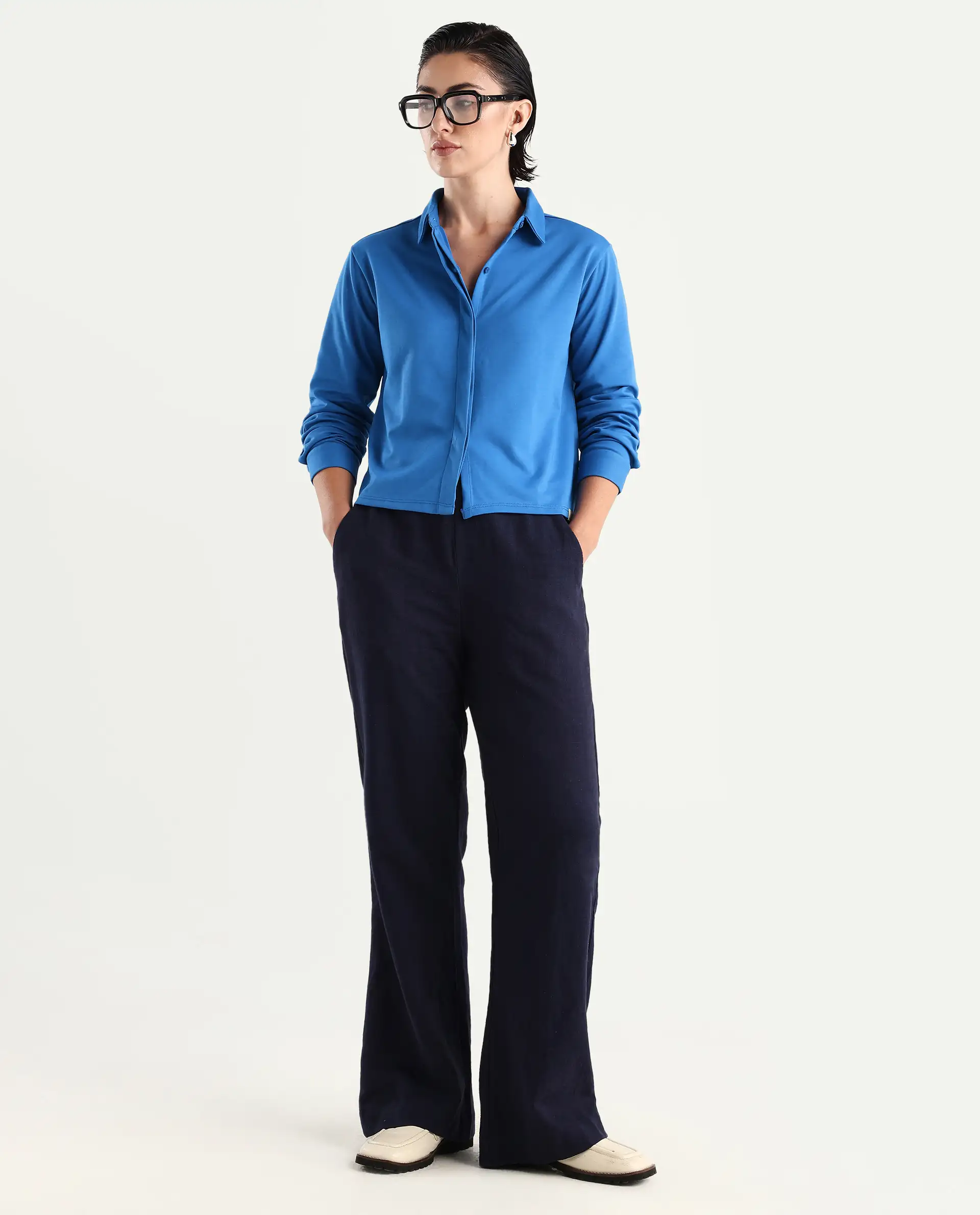 Rareism Women's Ellery Blue Cotton Blend Drop Collar Plain Regular Fit Shirt - Image 2