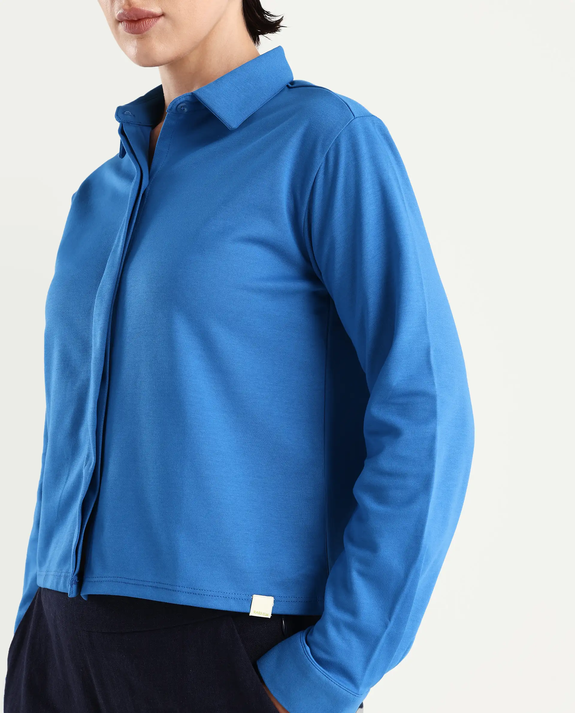 Rareism Women's Ellery Blue Cotton Blend Drop Collar Plain Regular Fit Shirt - Image 3