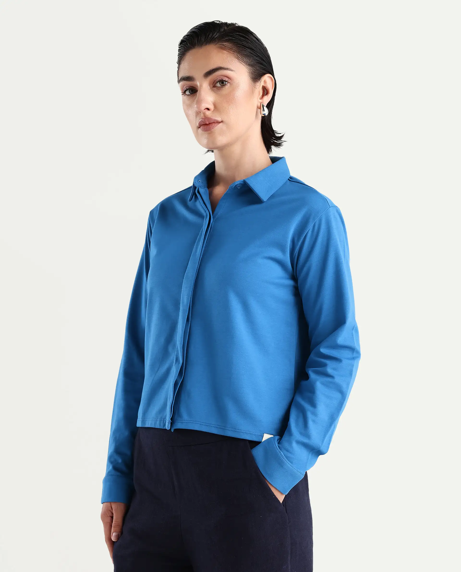 Rareism Women's Ellery Blue Cotton Blend Drop Collar Plain Regular Fit Shirt - Image 4