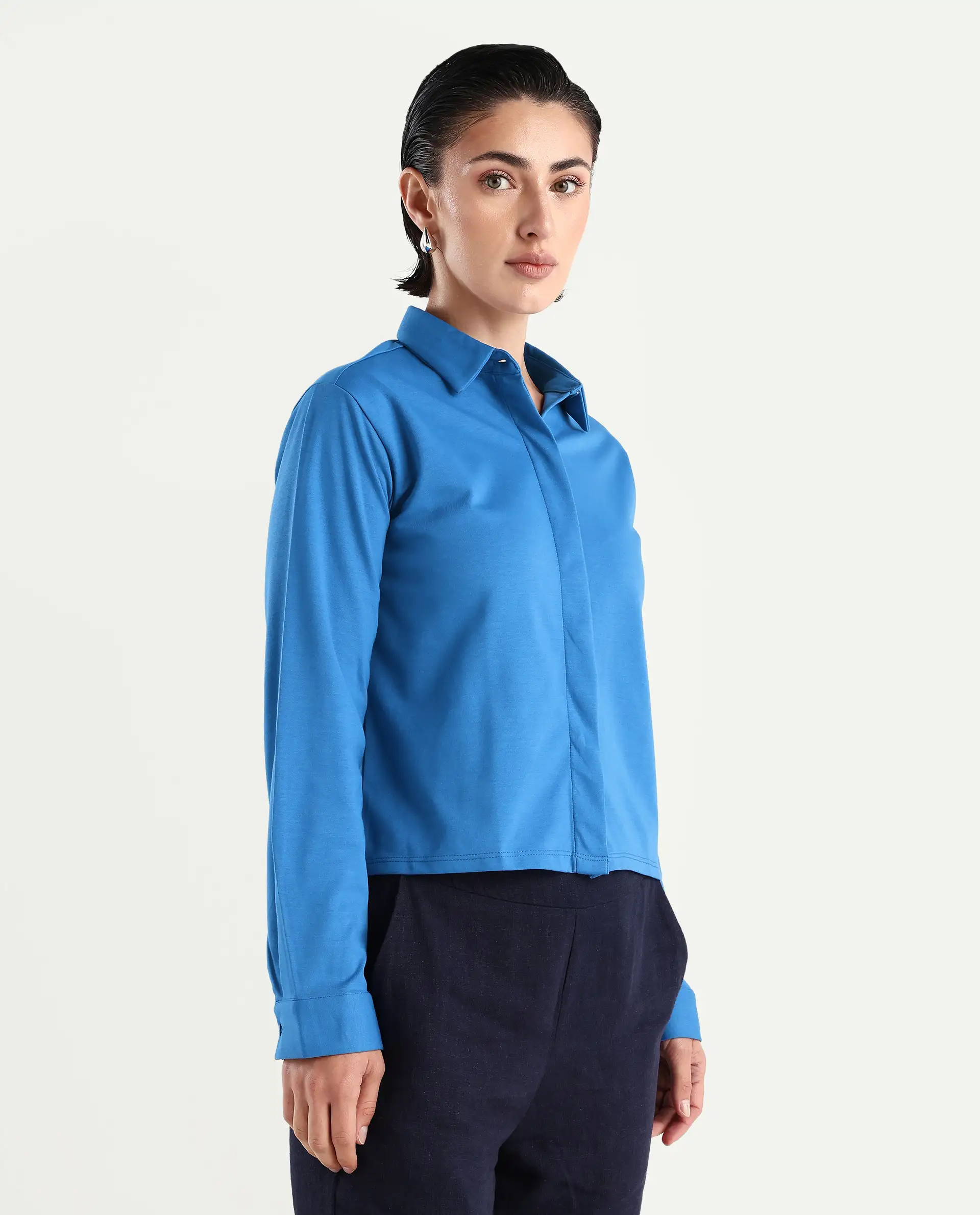 Rareism Women's Ellery Blue Cotton Blend Drop Collar Plain Regular Fit Shirt - Image 5