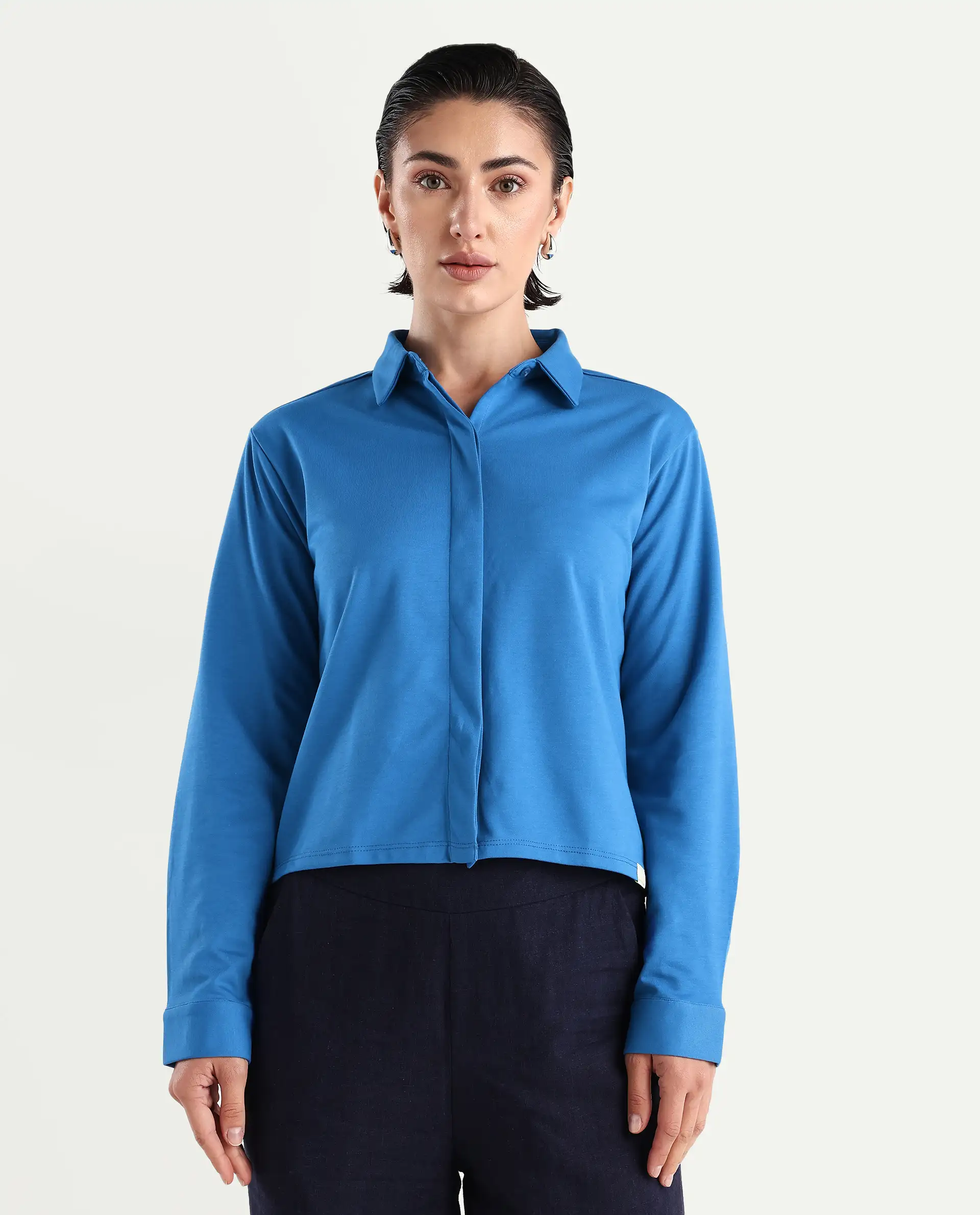 Rareism Women's Ellery Blue Cotton Blend Drop Collar Plain Regular Fit Shirt - Image 6