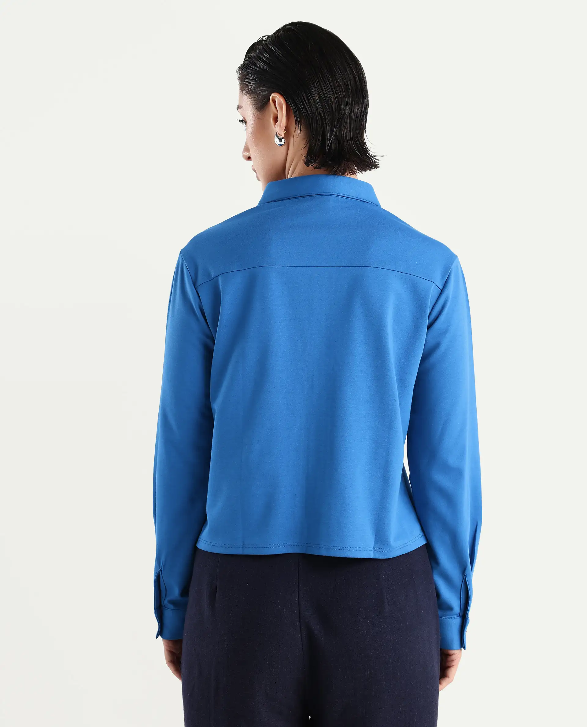 Rareism Women's Ellery Blue Cotton Blend Drop Collar Plain Regular Fit Shirt - Image 7