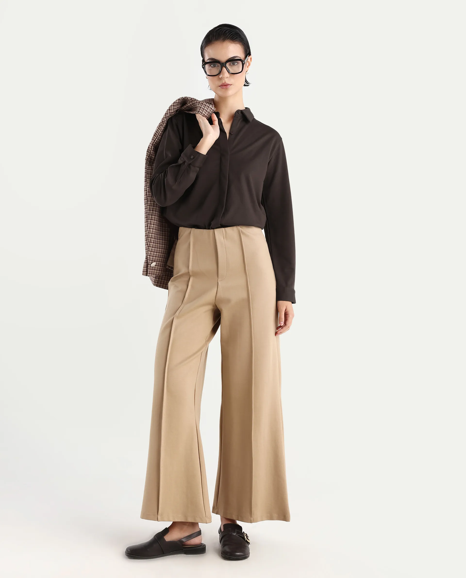 Rareism Women's Ellery Brown Cotton Blend Drop Collar Plain Regular Fit Shirt - Image 2