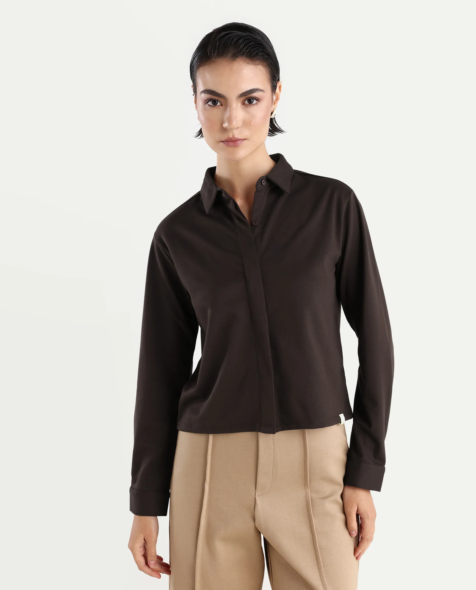Rareism Women's Ellery Brown Cotton Blend Drop Collar Plain Regular Fit Shirt - Image 3