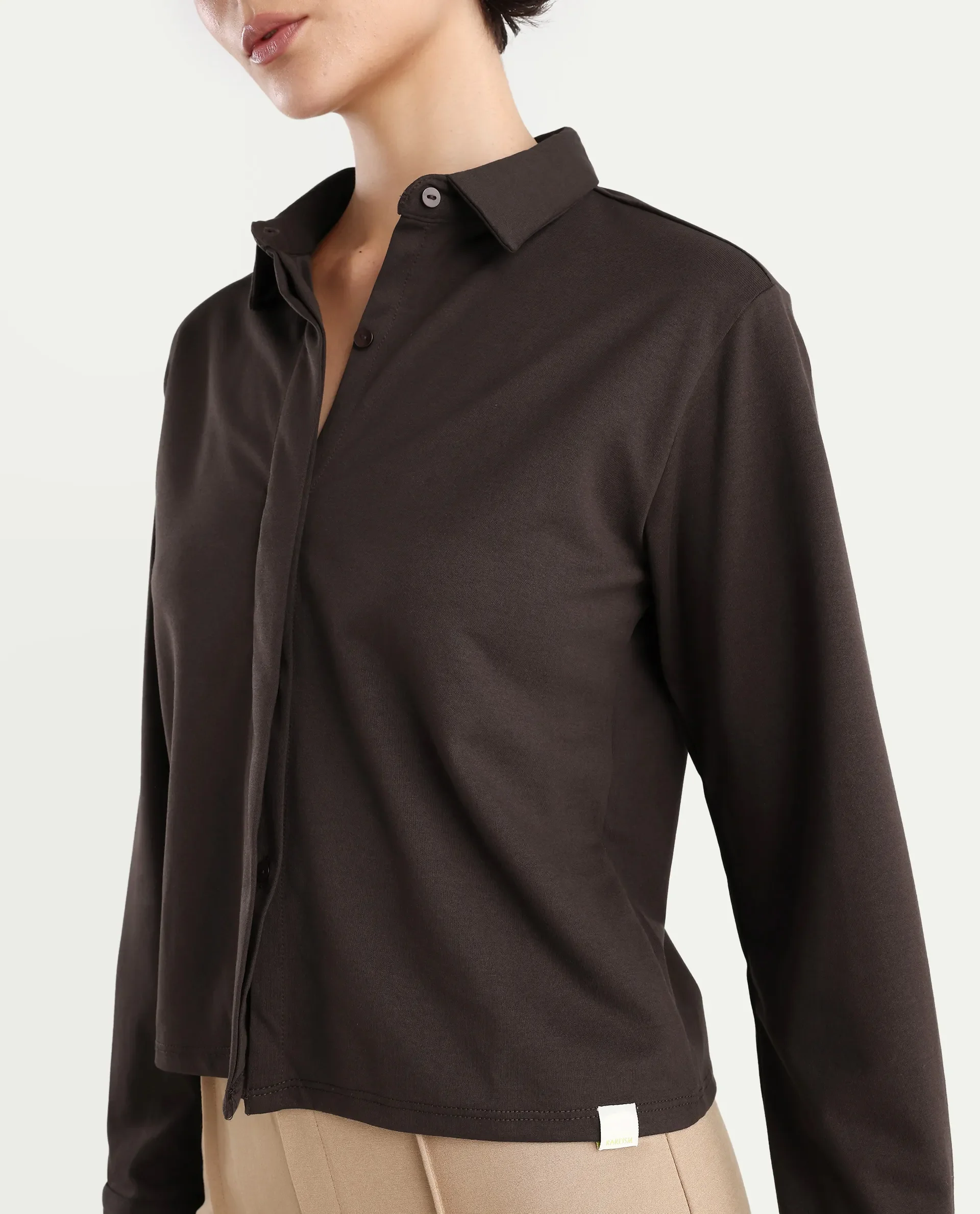Rareism Women's Ellery Brown Cotton Blend Drop Collar Plain Regular Fit Shirt - Image 4