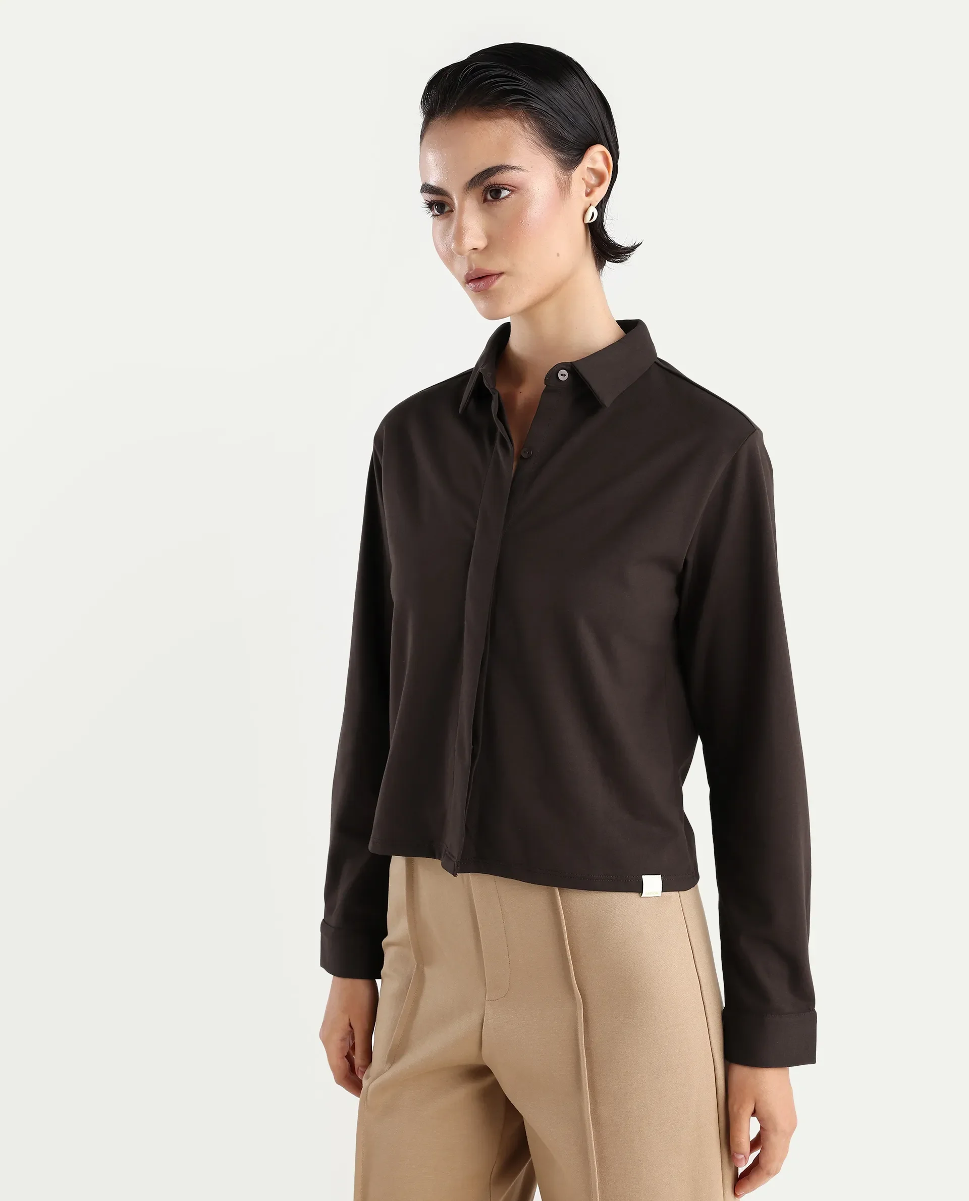 Rareism Women's Ellery Brown Cotton Blend Drop Collar Plain Regular Fit Shirt - Image 5