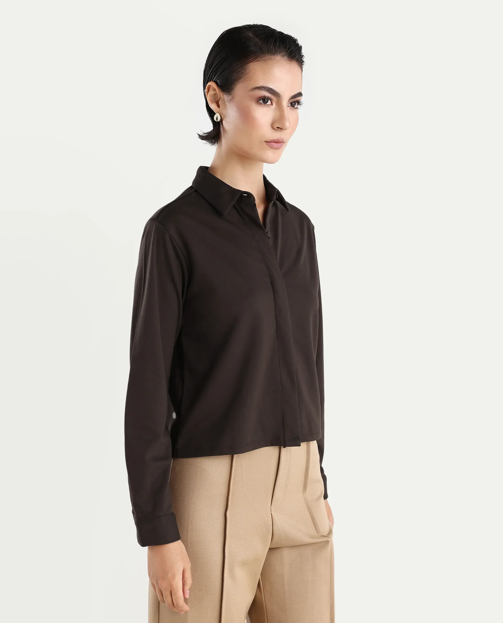 Rareism Women's Ellery Brown Cotton Blend Drop Collar Plain Regular Fit Shirt - Image 6