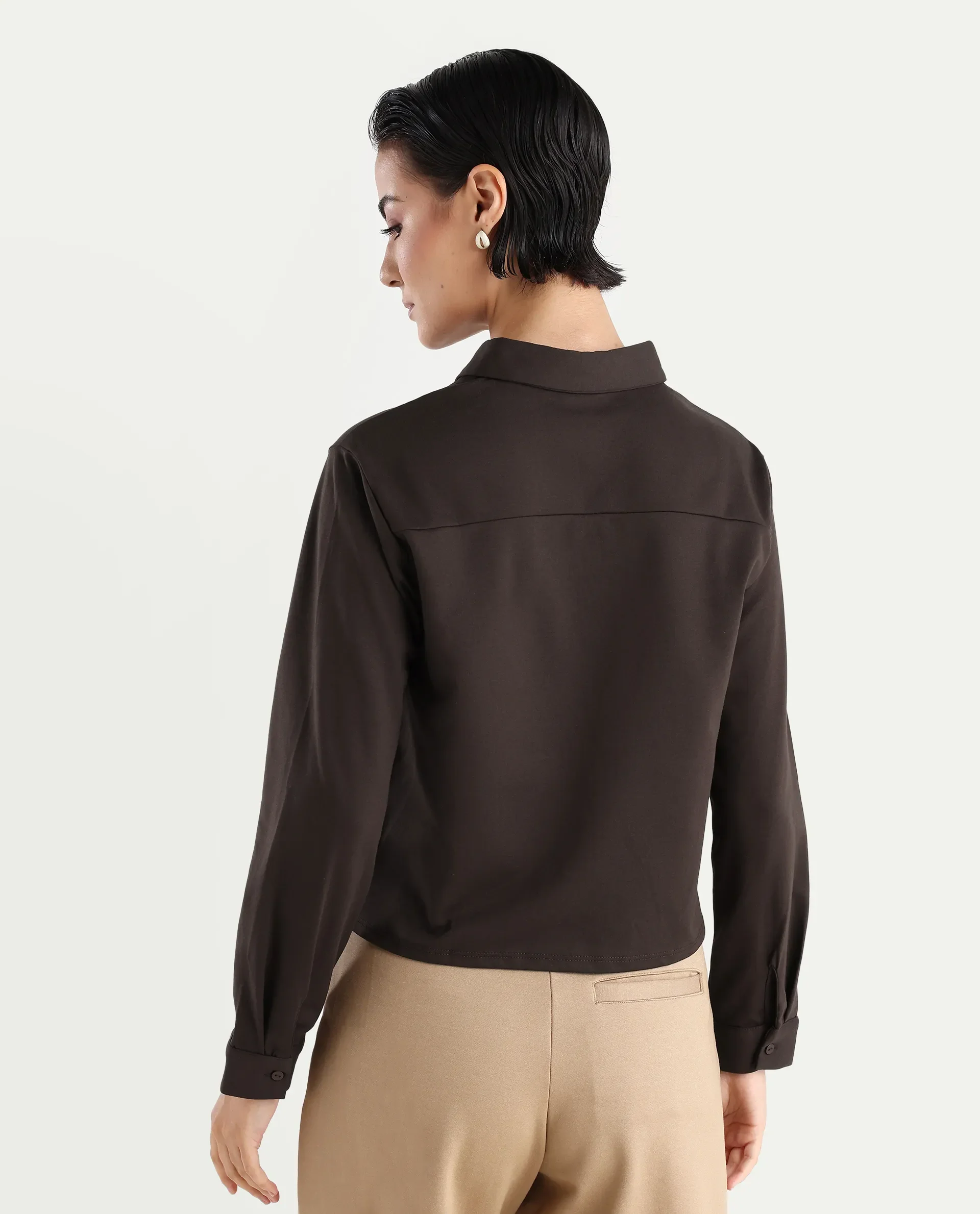 Rareism Women's Ellery Brown Cotton Blend Drop Collar Plain Regular Fit Shirt - Image 7