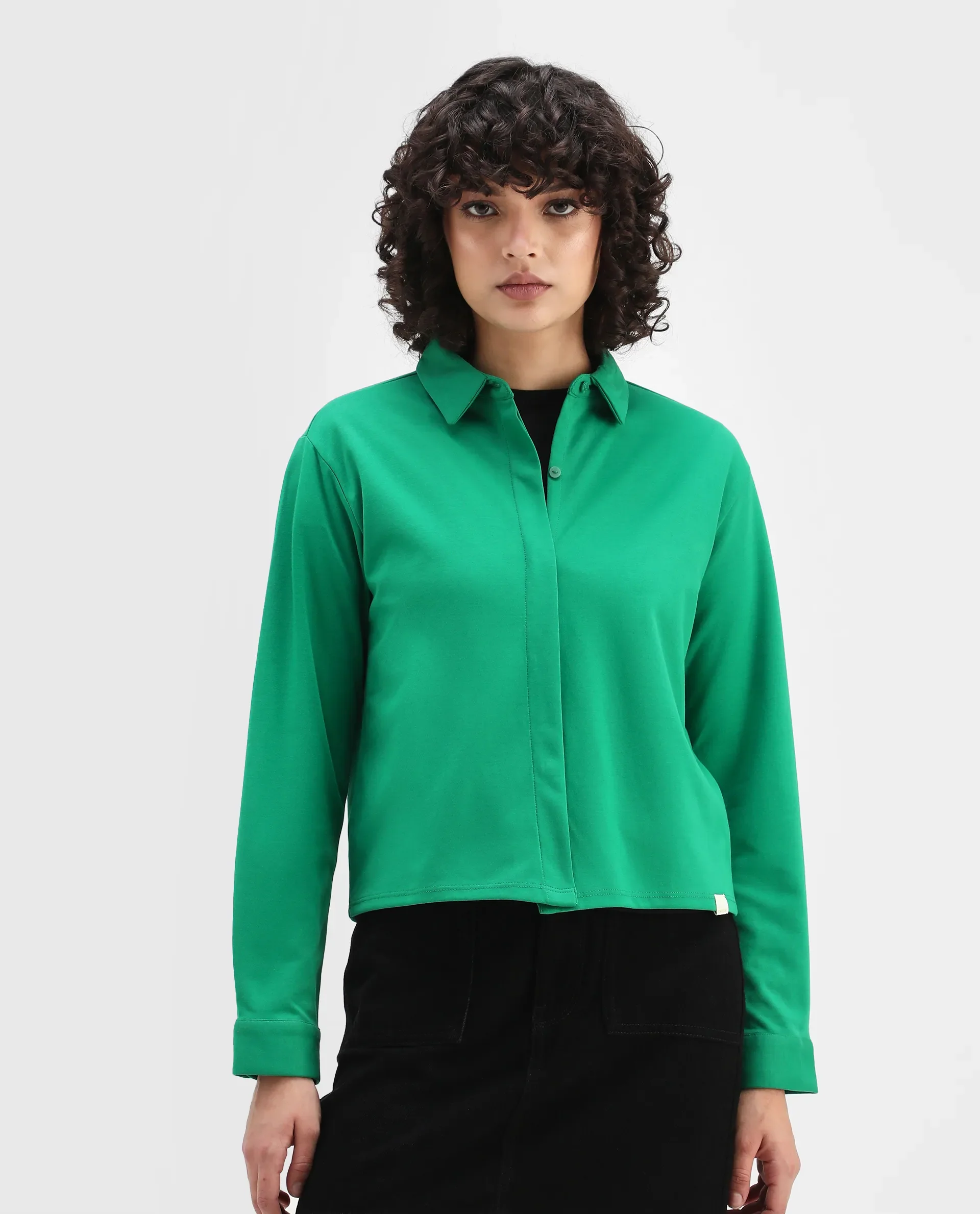 Rareism Women's Ellery Green Cotton Blend Drop Collar Plain Regular Fit Shirt - Image 3
