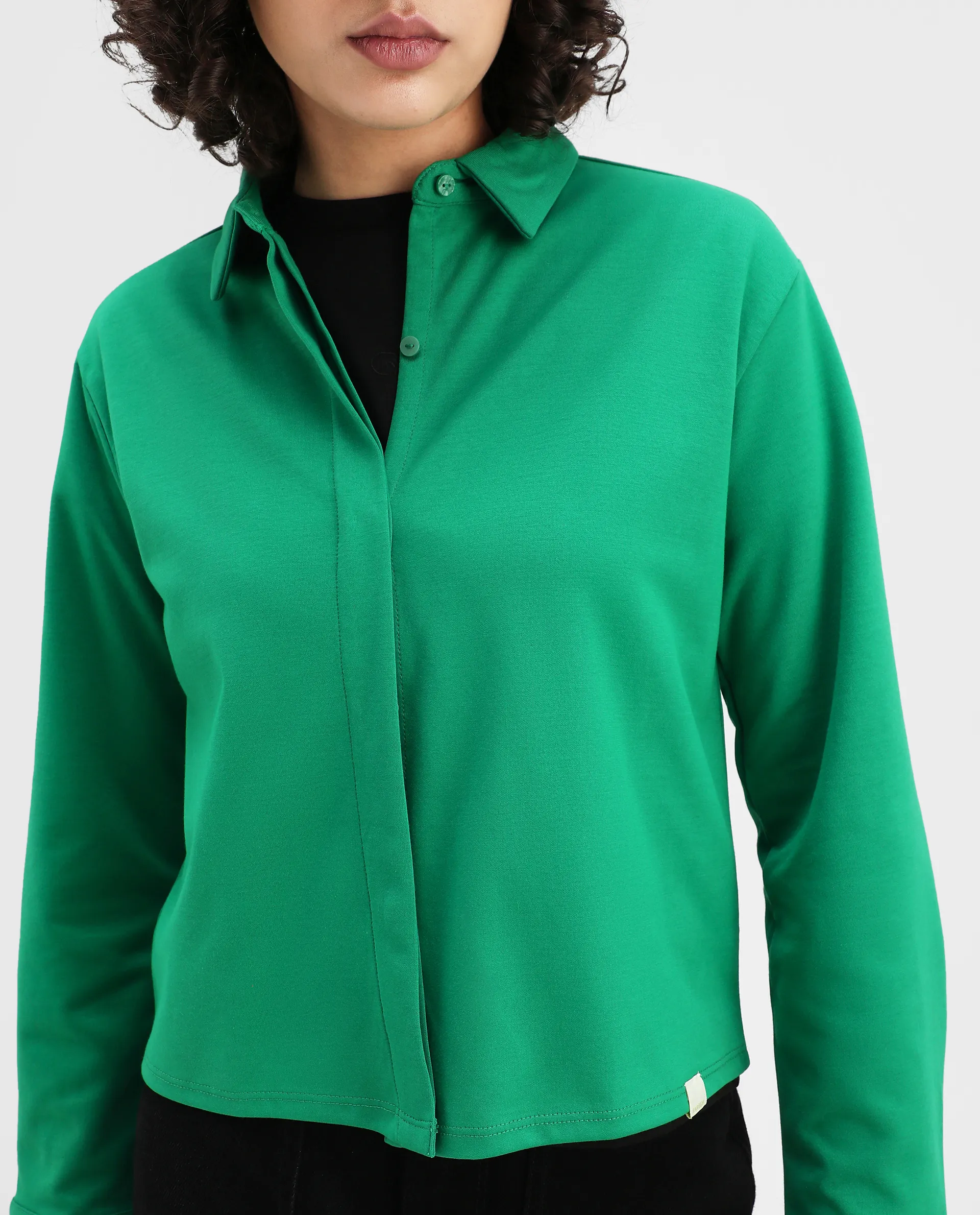 Rareism Women's Ellery Green Cotton Blend Drop Collar Plain Regular Fit Shirt - Image 4