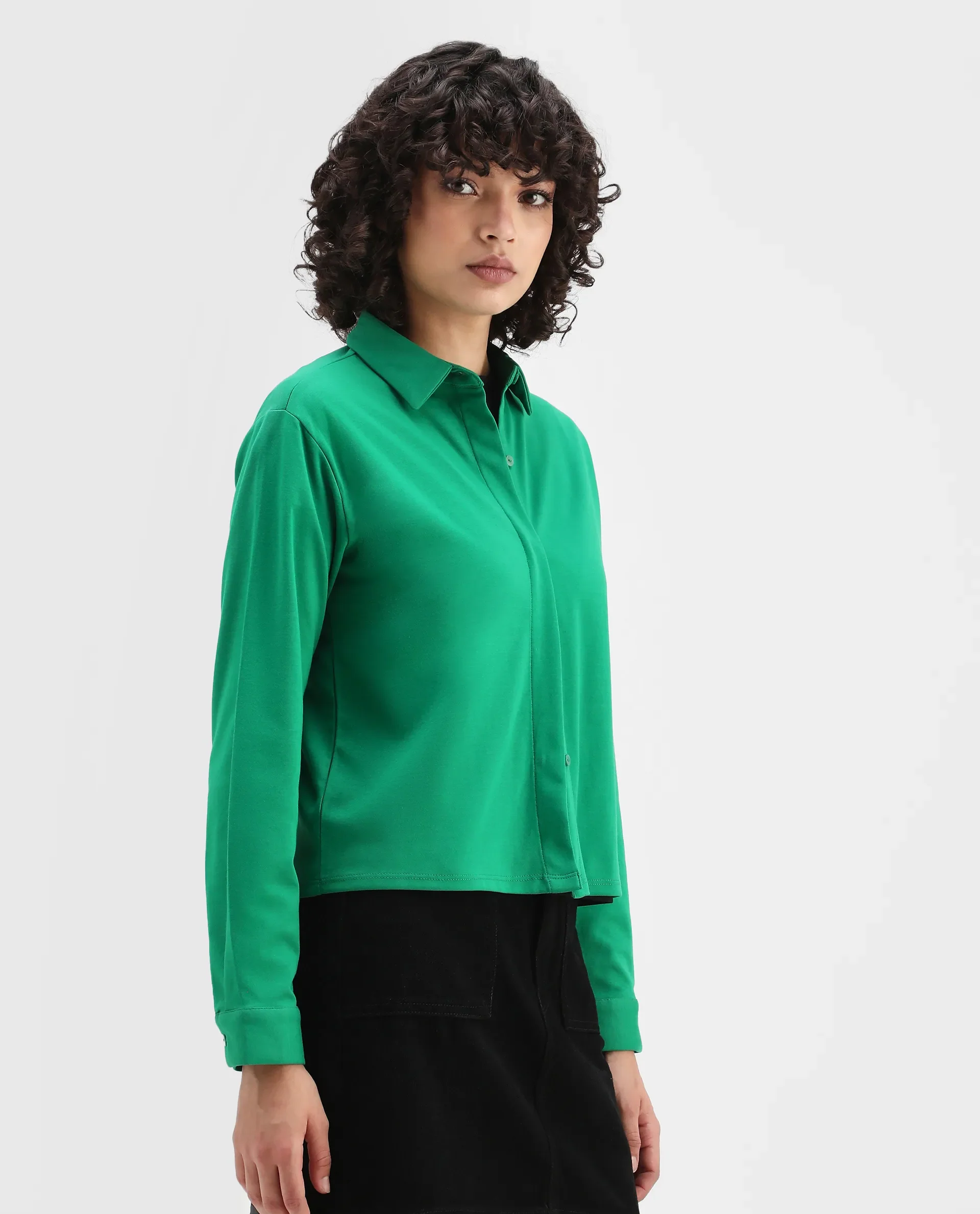 Rareism Women's Ellery Green Cotton Blend Drop Collar Plain Regular Fit Shirt - Image 5